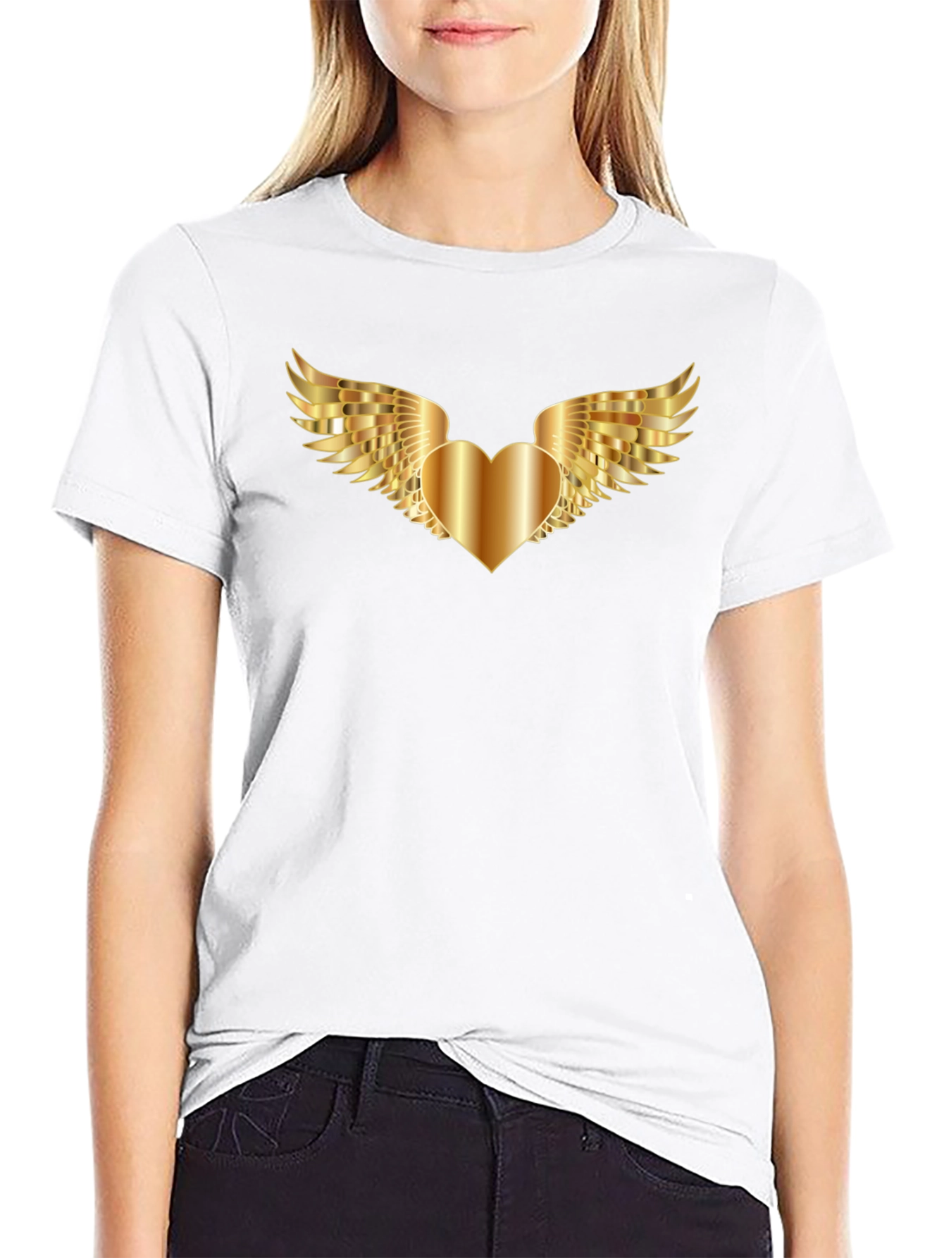 Black T-Shirt with Golden Heart Wings Graphic