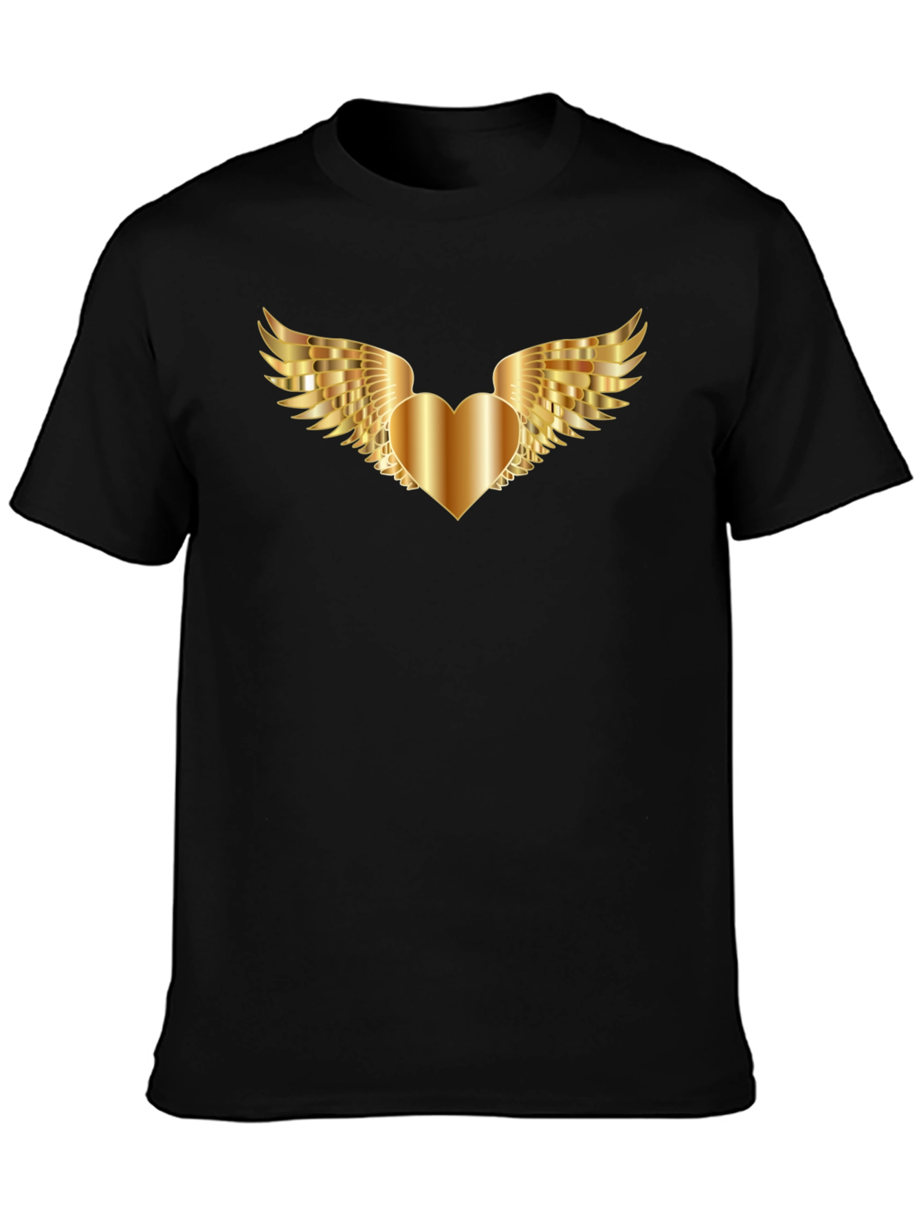 Black T-Shirt with Golden Heart Wings Graphic