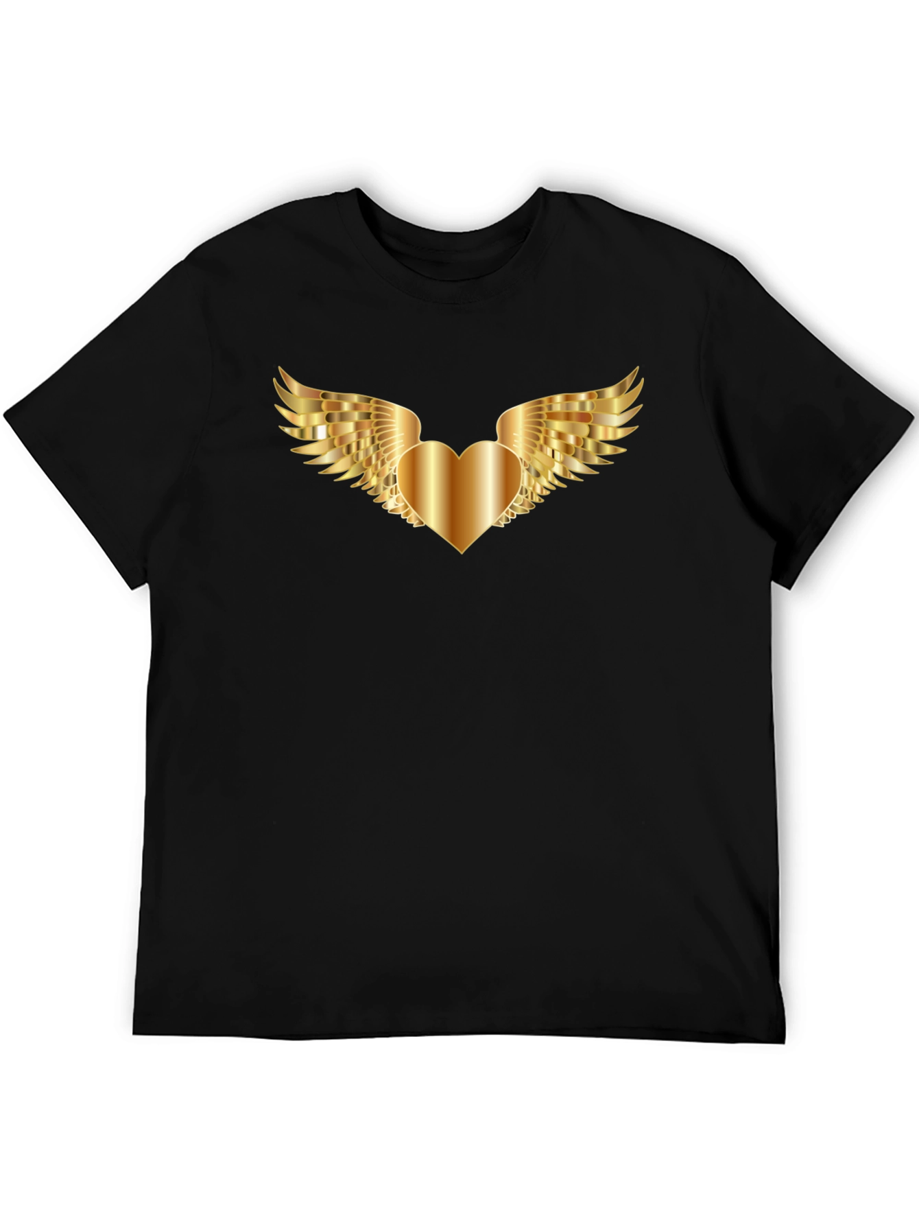 Black T-Shirt with Golden Heart Wings Graphic