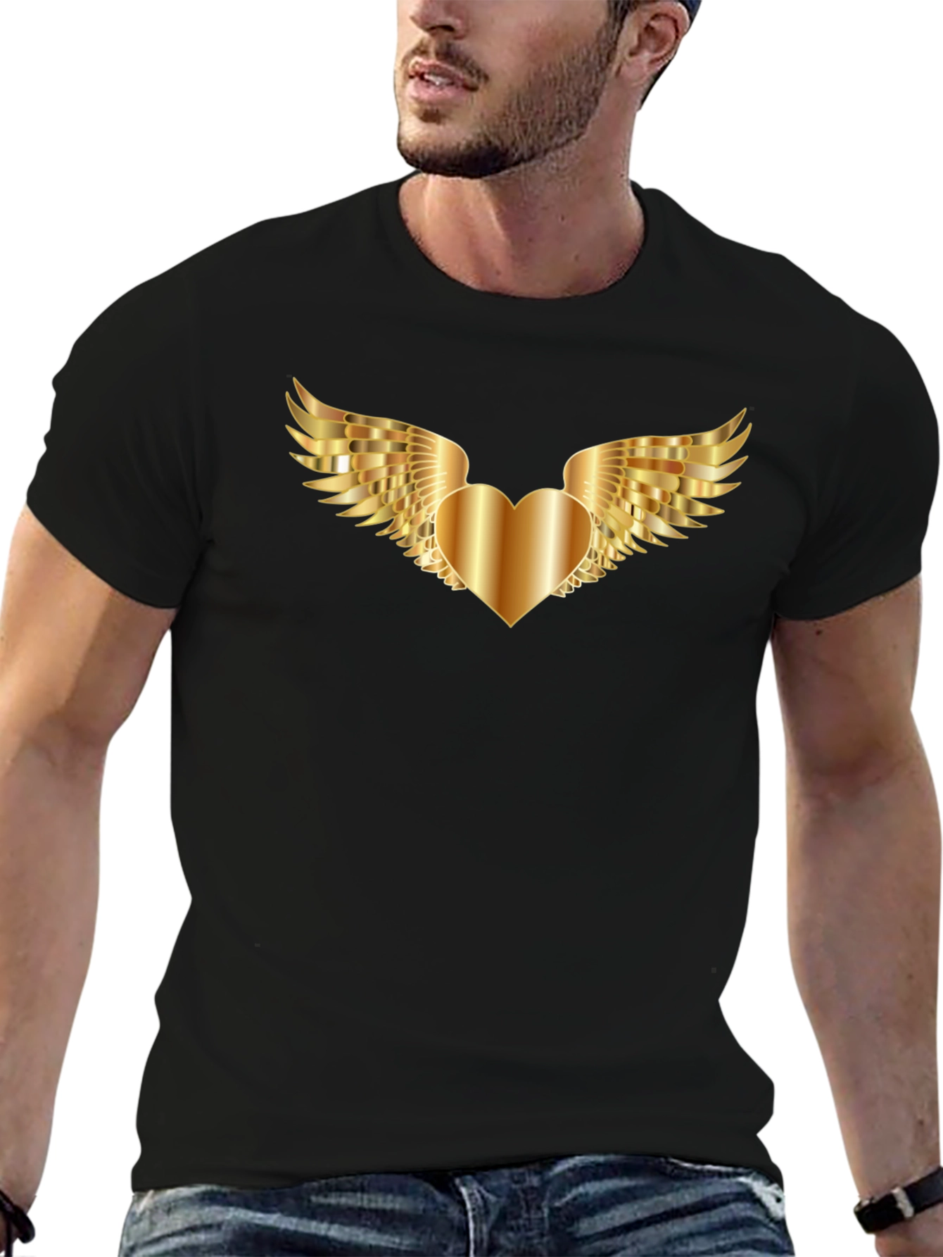 Black T-Shirt with Golden Heart Wings Graphic