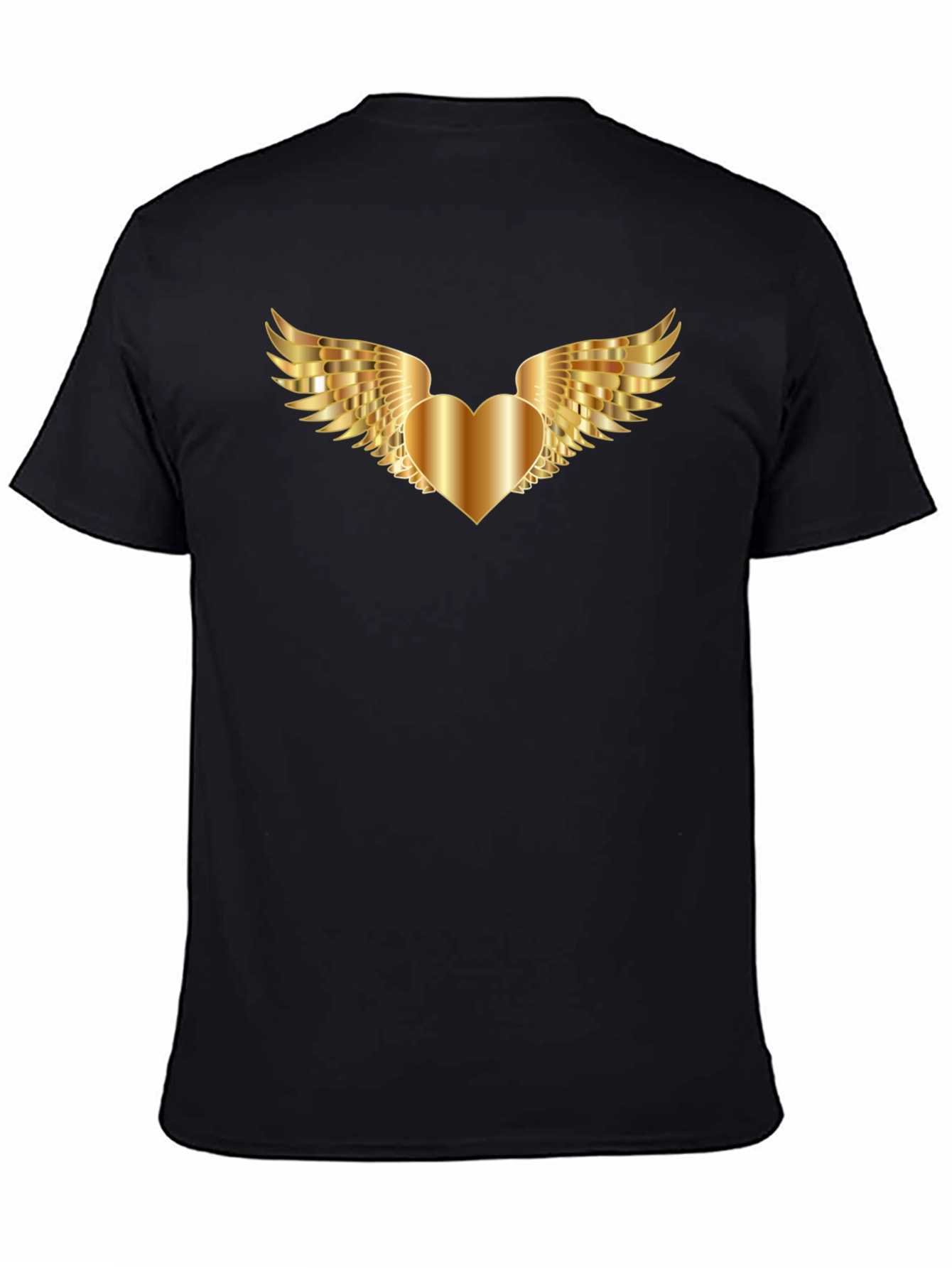 Black T-Shirt with Golden Heart Wings Graphic
