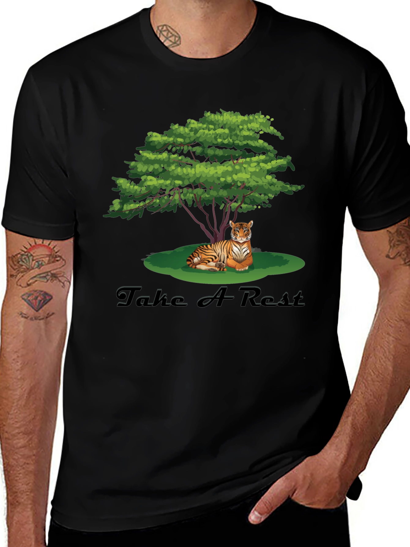Mens Black Tiger Resting Under Tree Graphic Tee