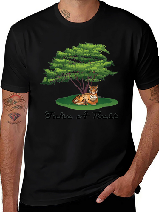 Mens Black Tiger Resting Under Tree Graphic Tee