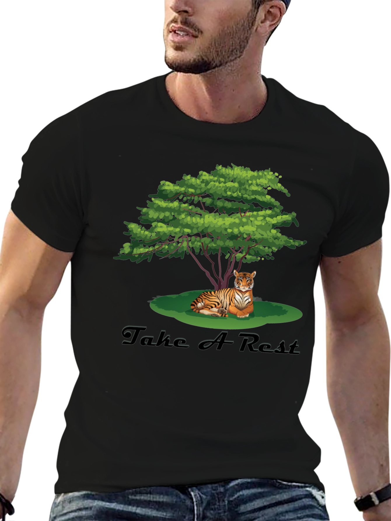 Mens Black Tiger Resting Under Tree Graphic Tee