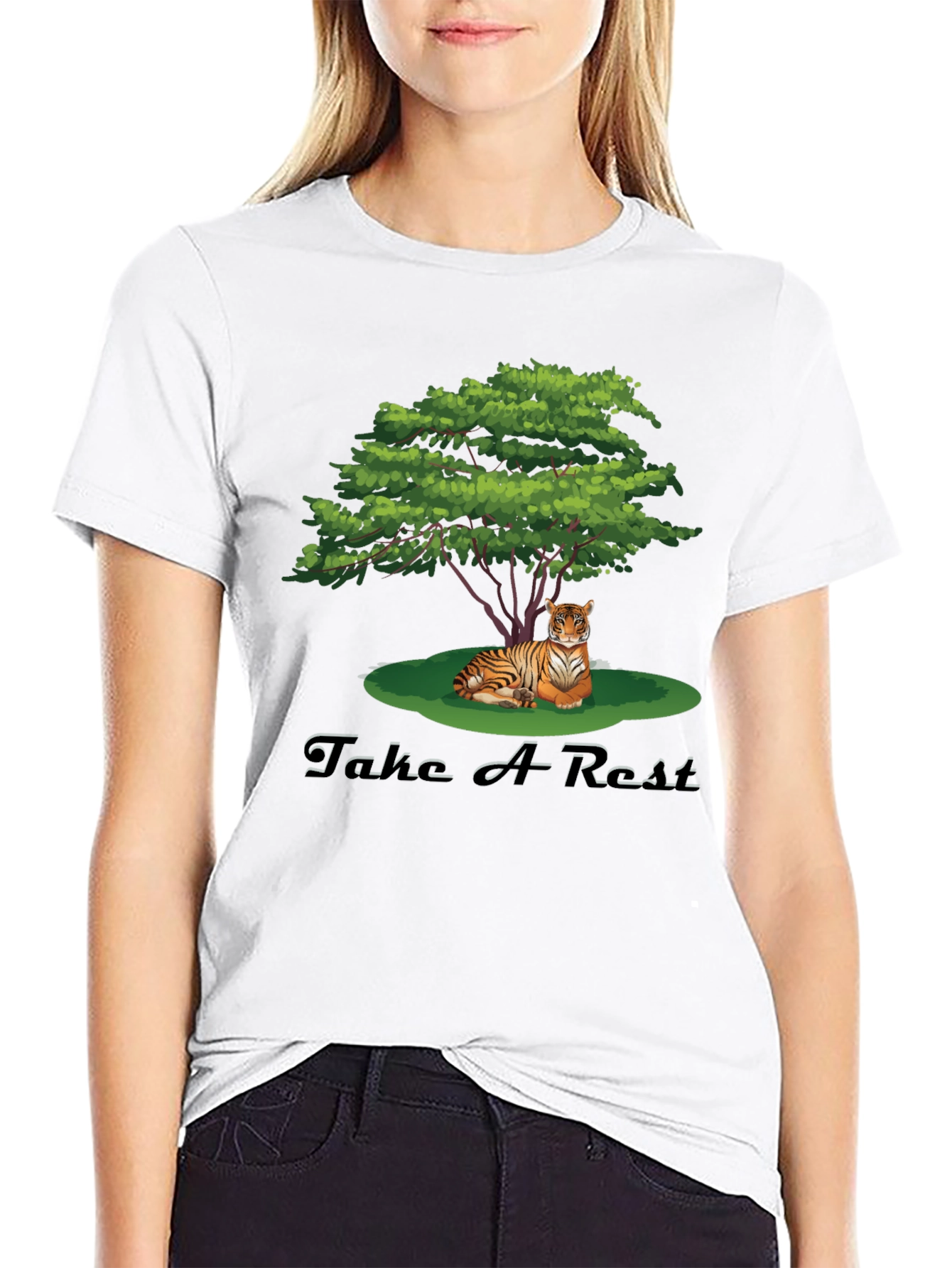 Mens Black Tiger Resting Under Tree Graphic Tee