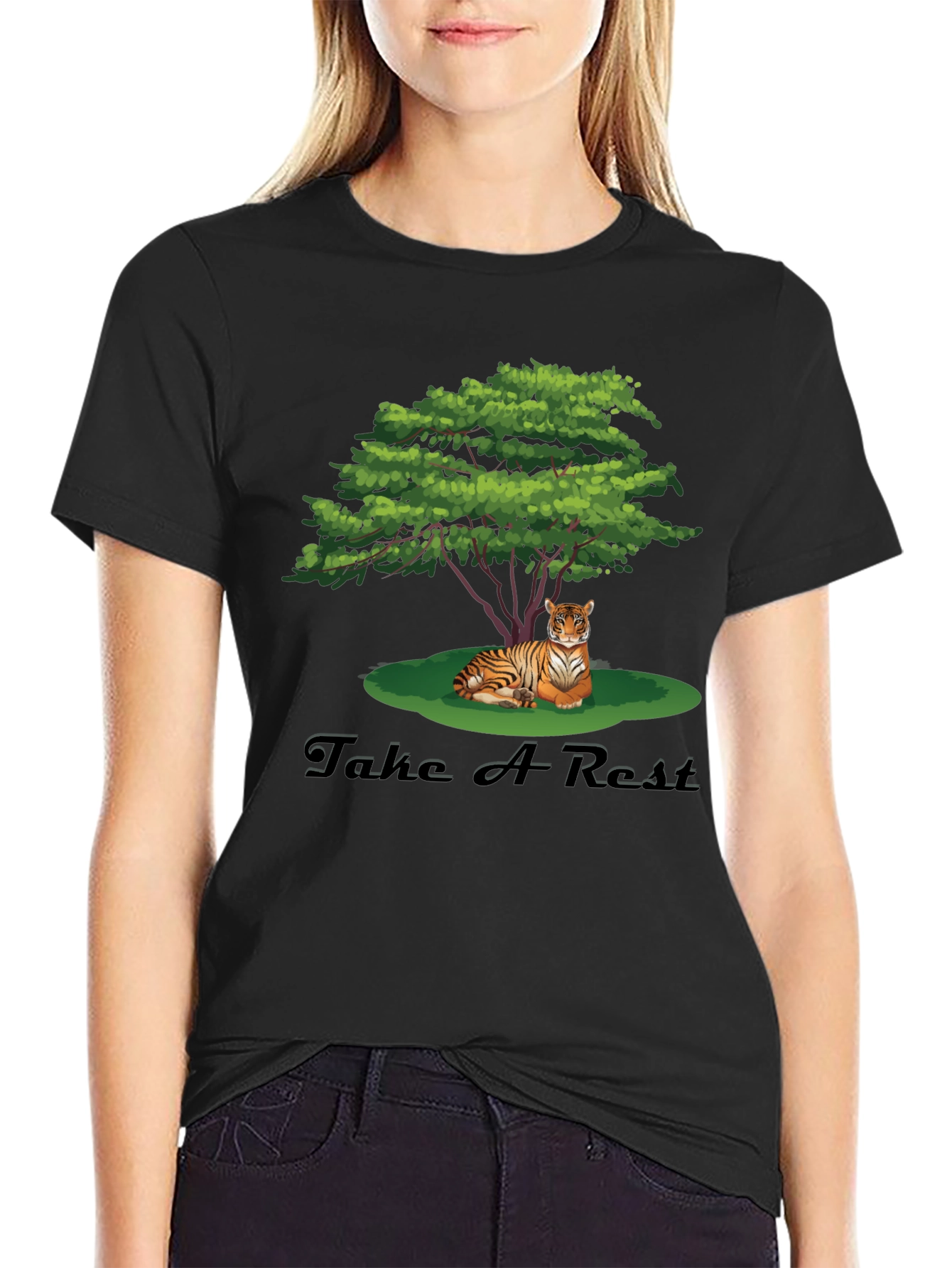 Mens Black Tiger Resting Under Tree Graphic Tee