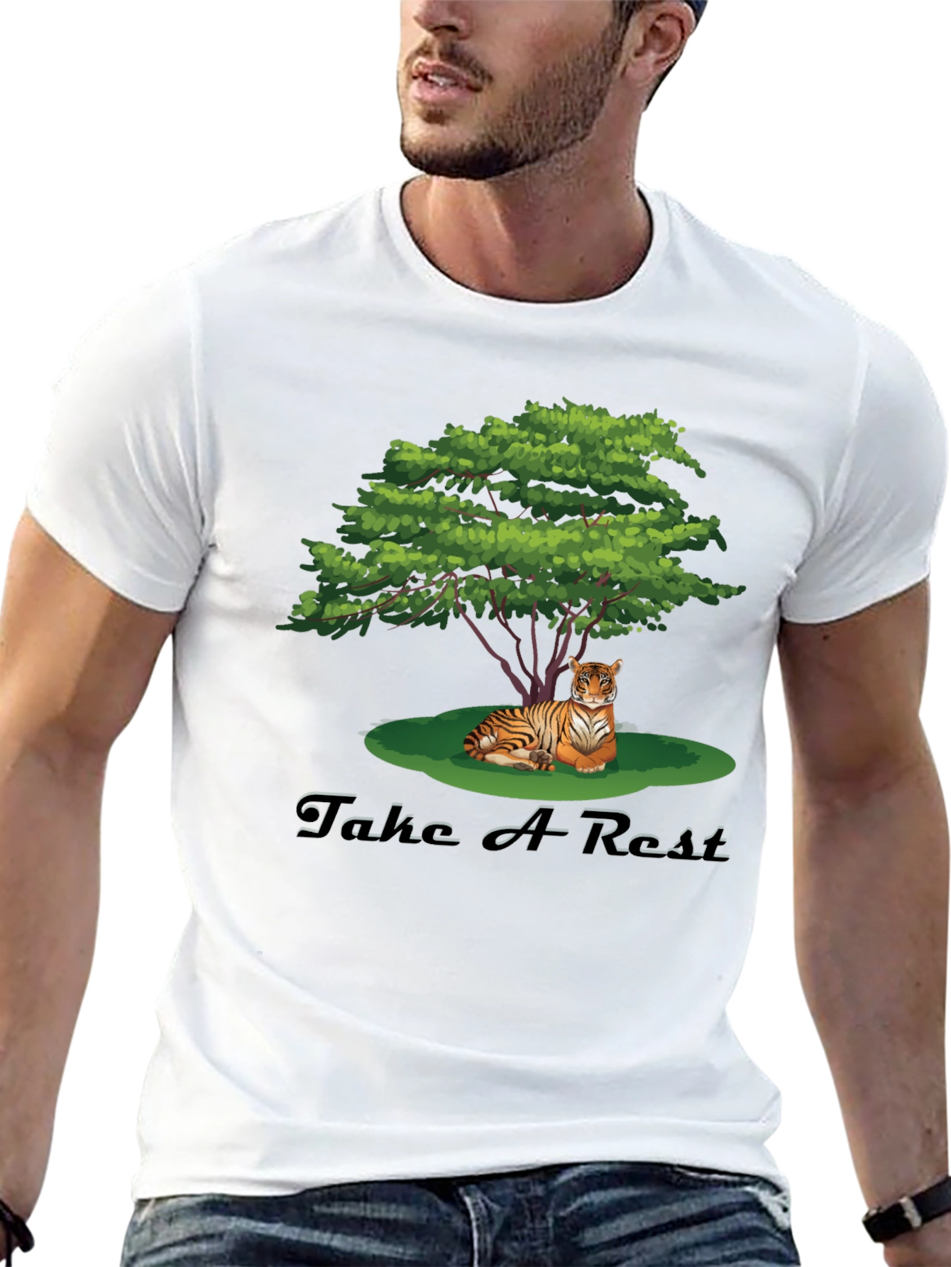 Mens Black Tiger Resting Under Tree Graphic Tee