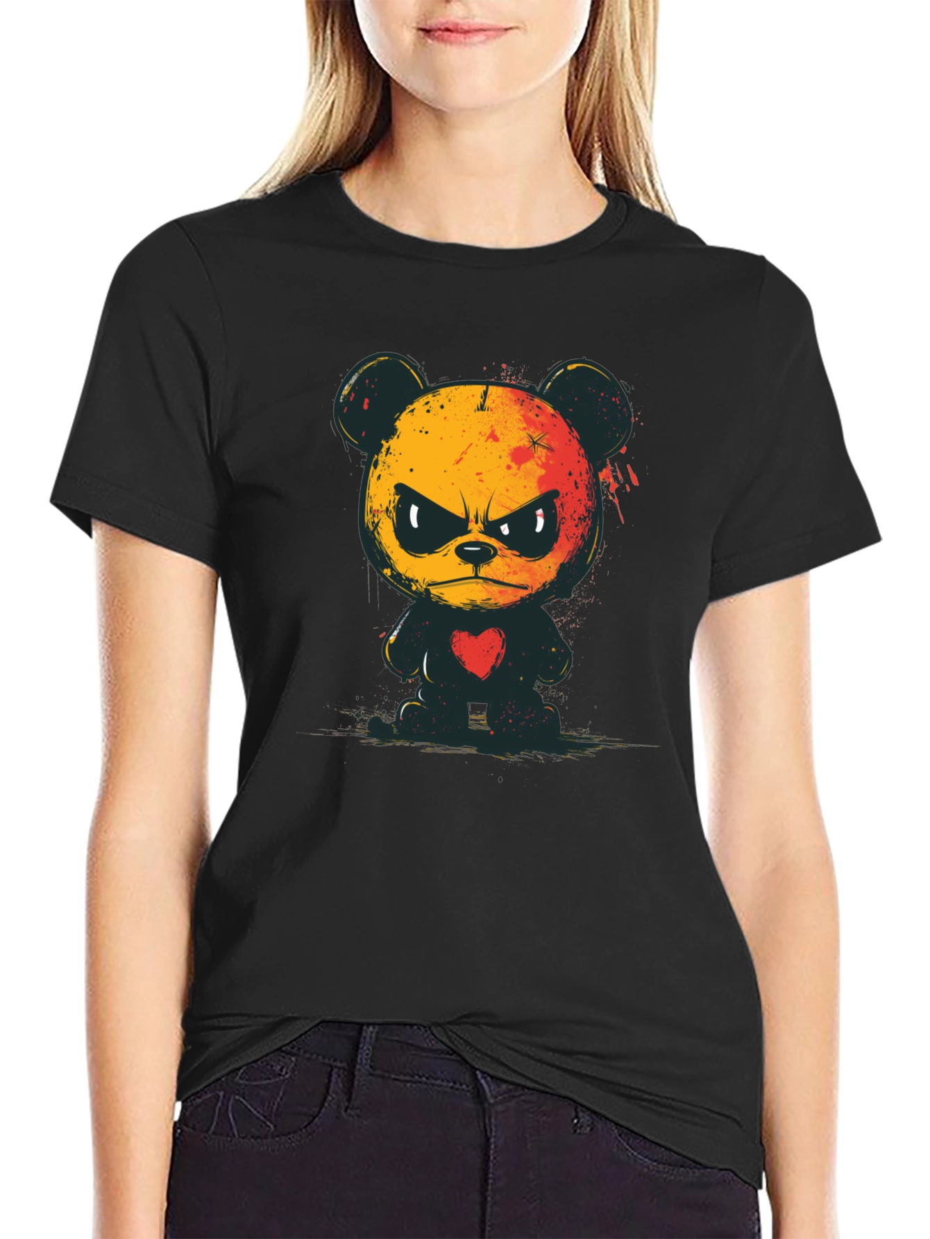 Grumpy Bear Graphic Tee - Soft Black Cotton
