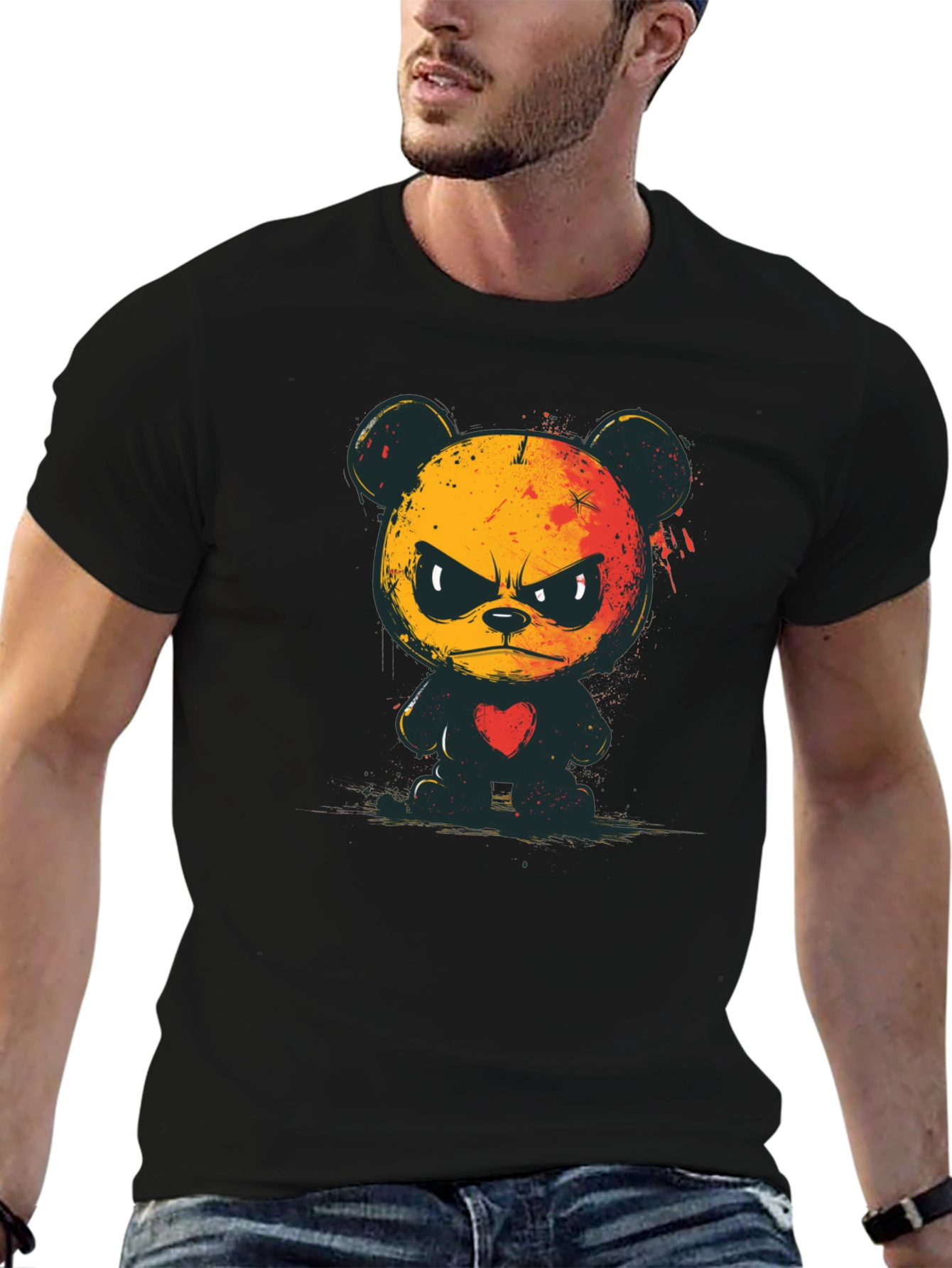 Grumpy Bear Graphic Tee - Soft Black Cotton
