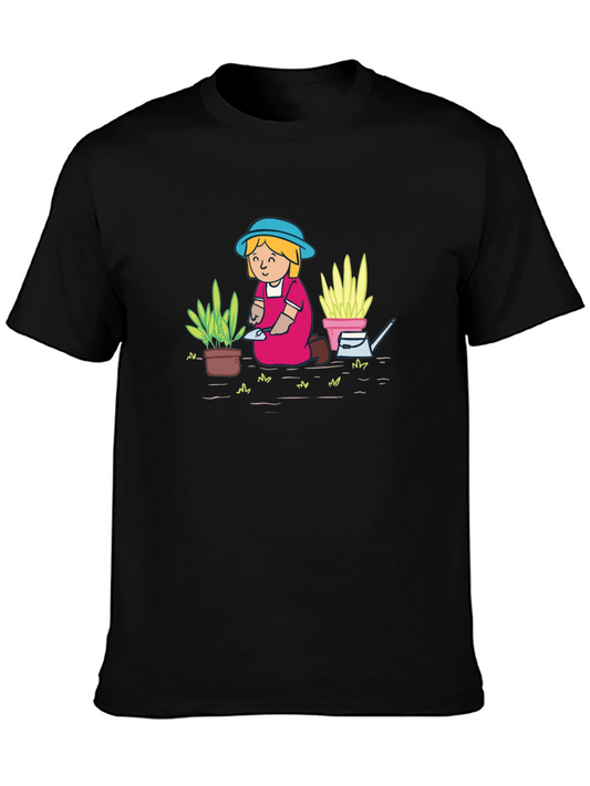 Gardening Cartoon Tee - Black Cotton T-Shirt