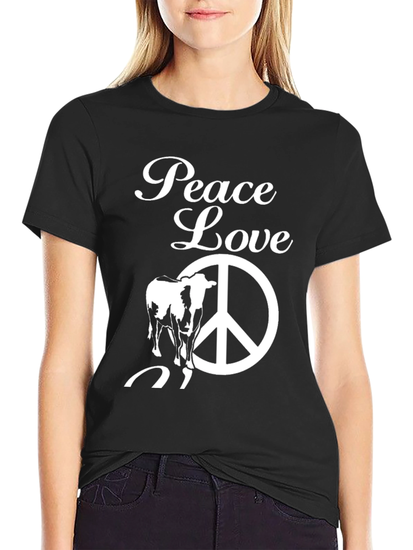 Peace Love Cow Graphic Tee - Black Cotton T-Shirt