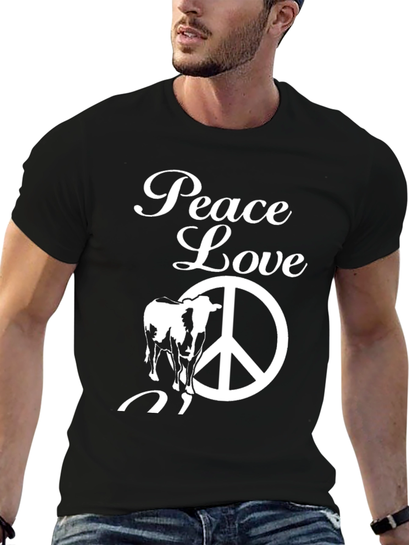 Peace Love Cow Graphic Tee - Black Cotton T-Shirt