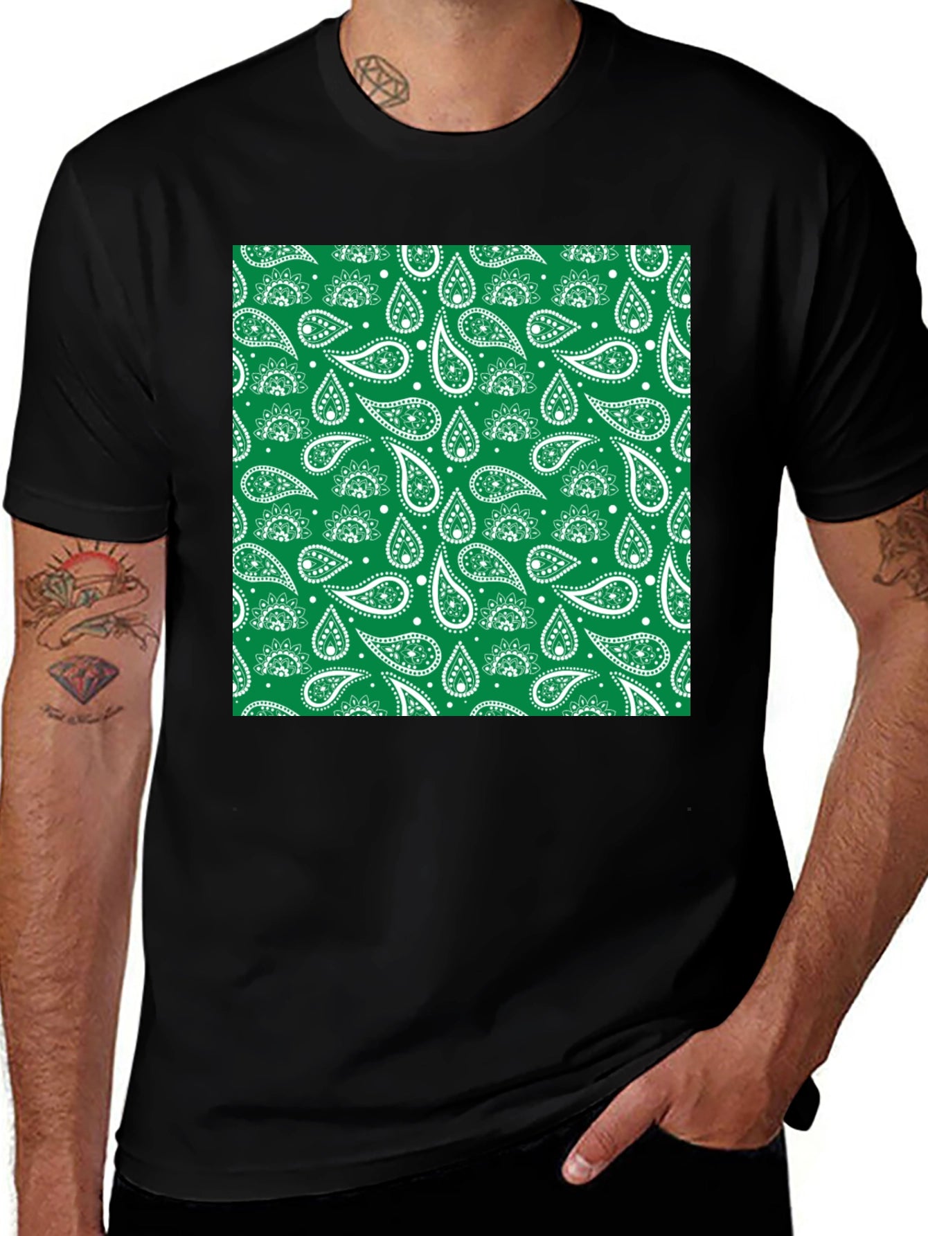Green Paisley Print Black T-Shirt