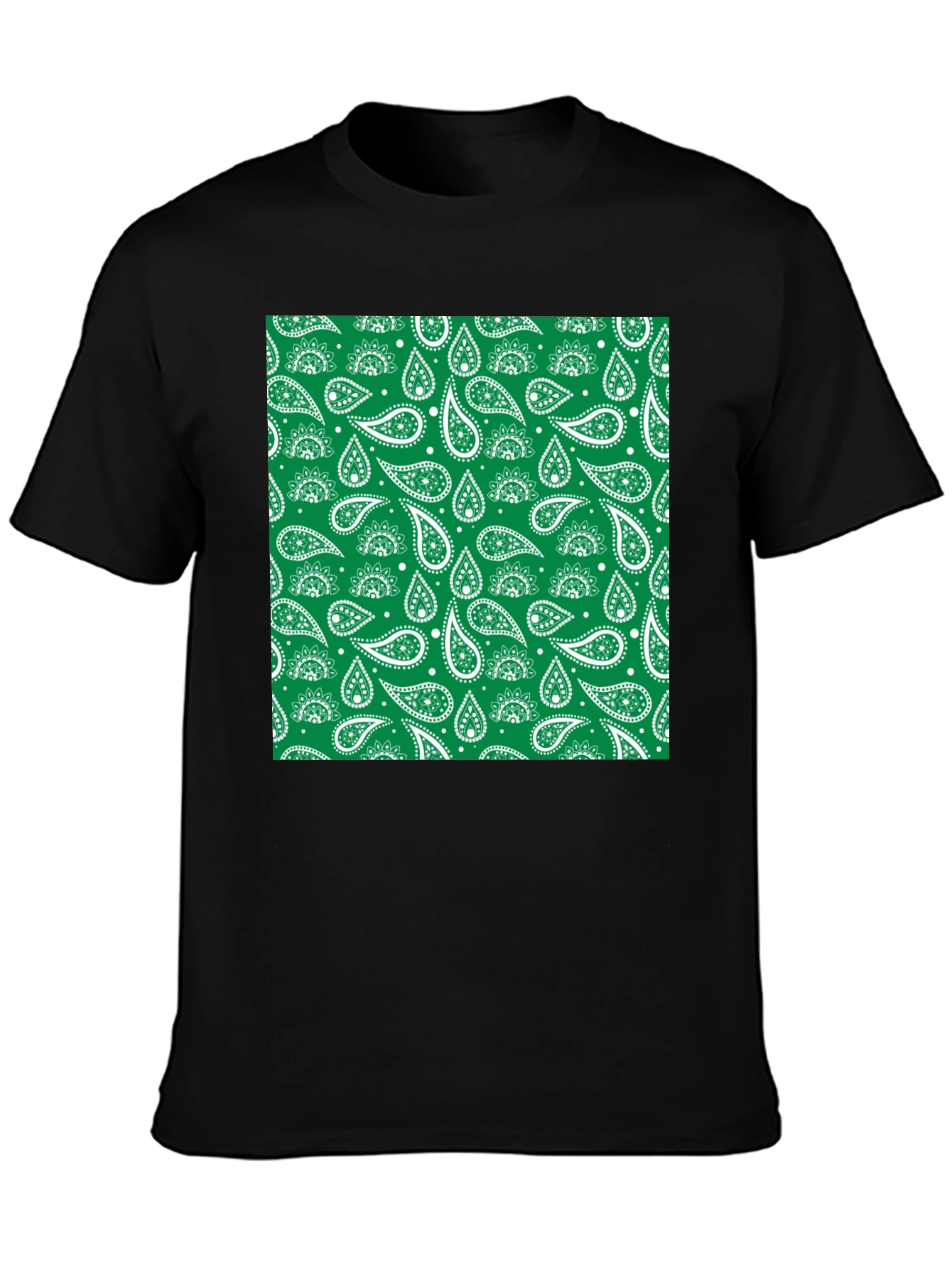Green Paisley Print Black T-Shirt