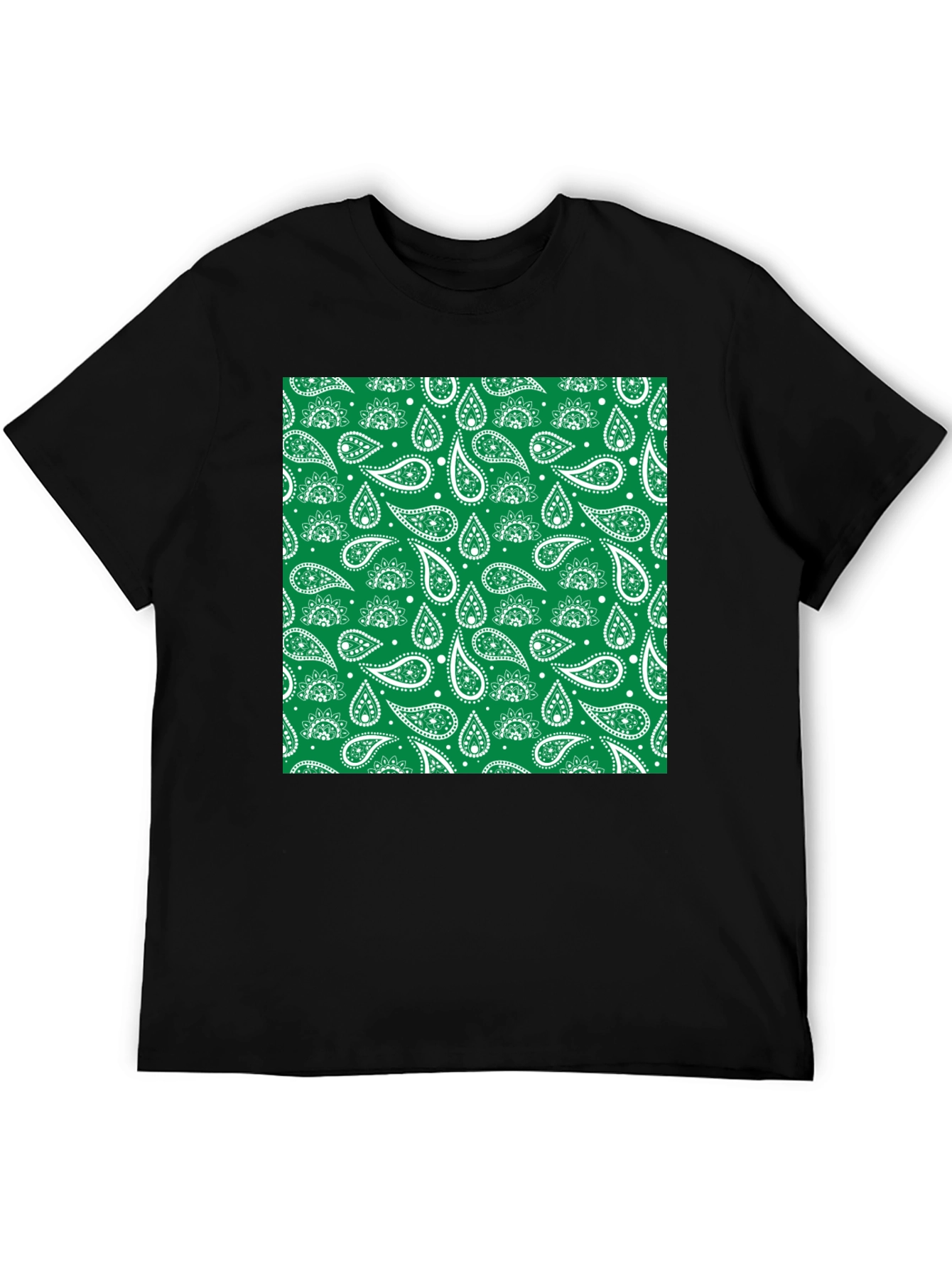 Green Paisley Print Black T-Shirt