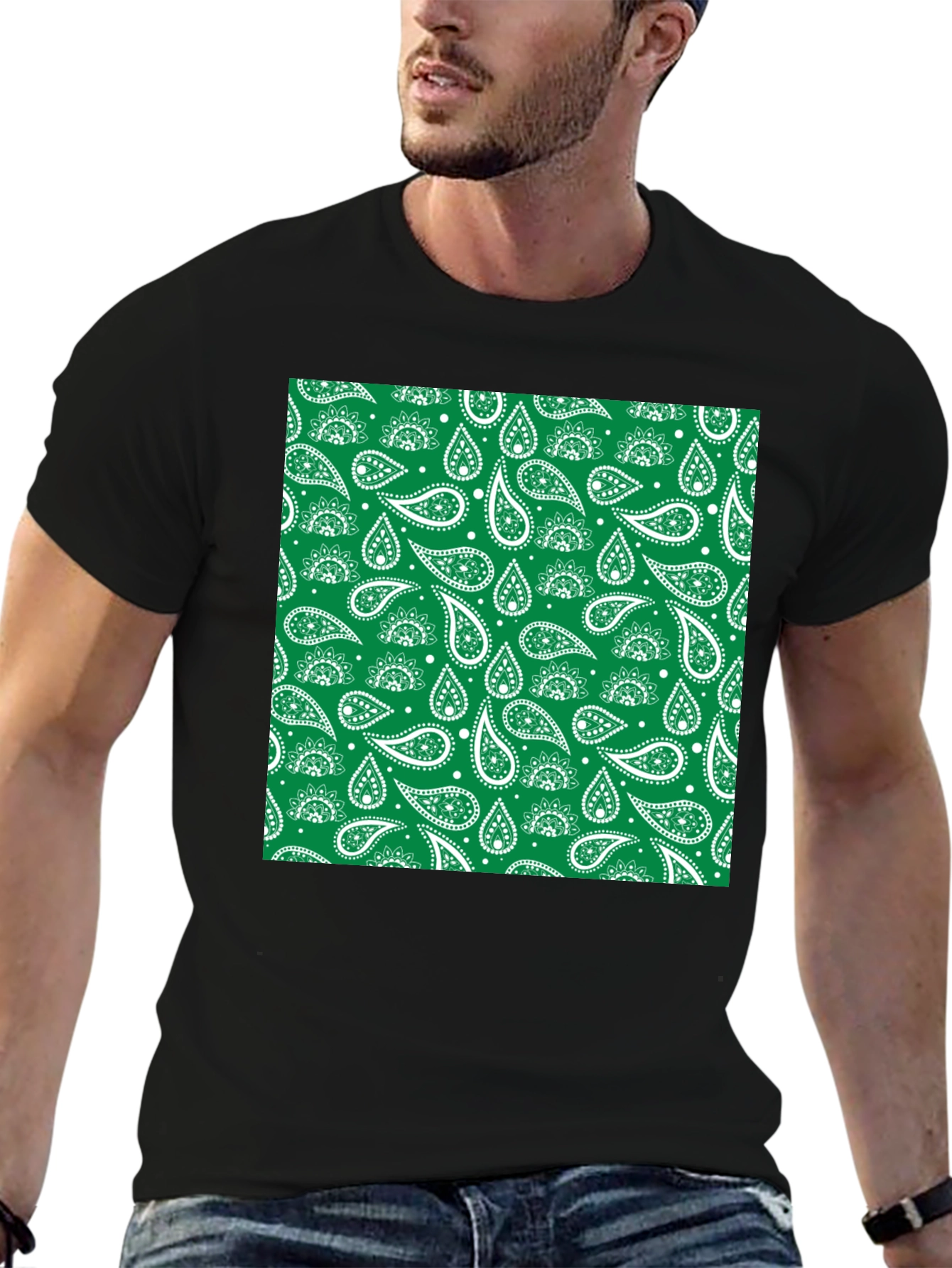 Green Paisley Print Black T-Shirt