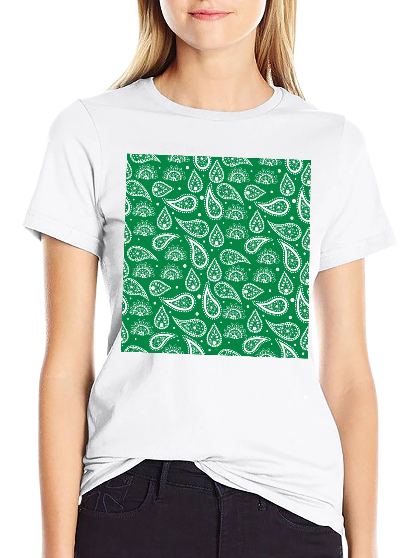 Green Paisley Print Black T-Shirt