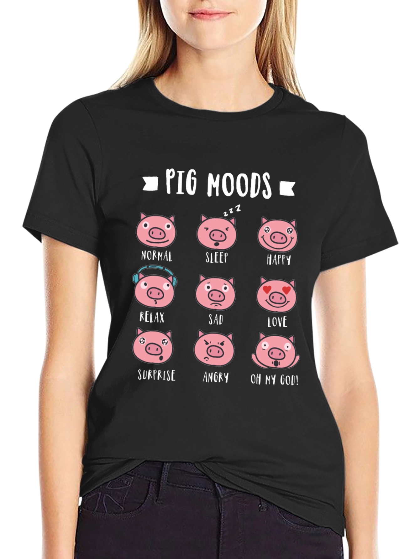 Pig Moods T-Shirt - Black Cotton Tee