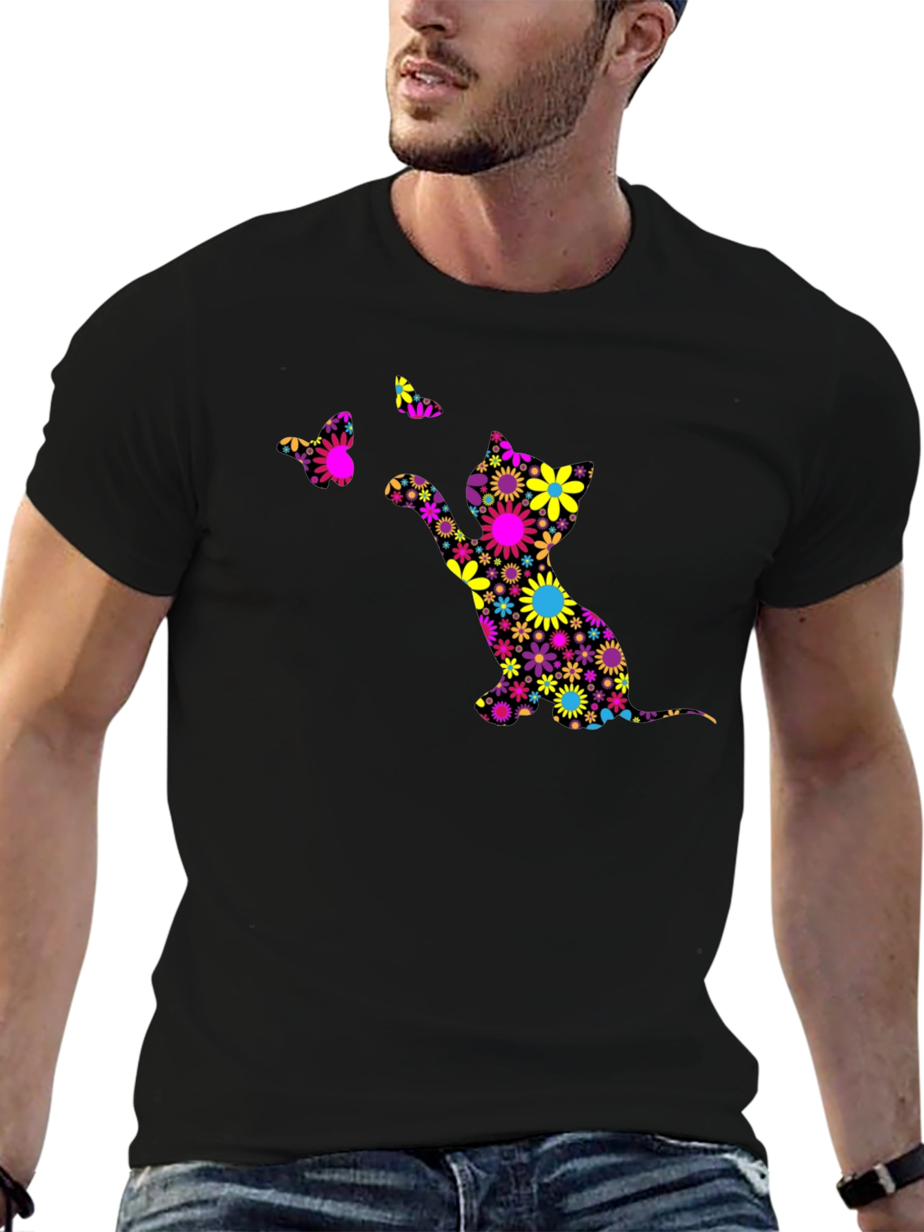 Floral Cat & Butterfly Black T-Shirt