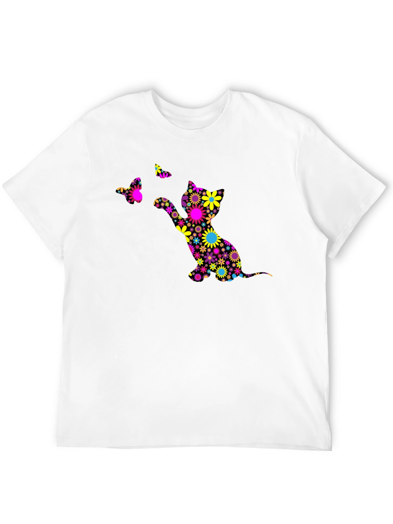 Floral Cat & Butterfly Black T-Shirt