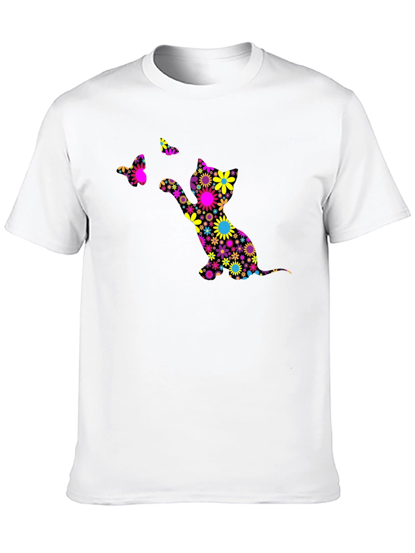 Floral Cat & Butterfly Black T-Shirt
