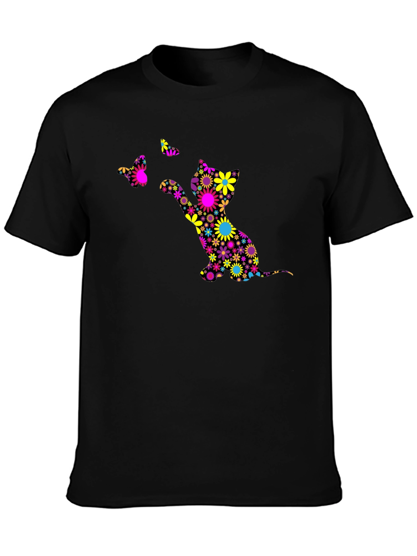 Floral Cat & Butterfly Black T-Shirt