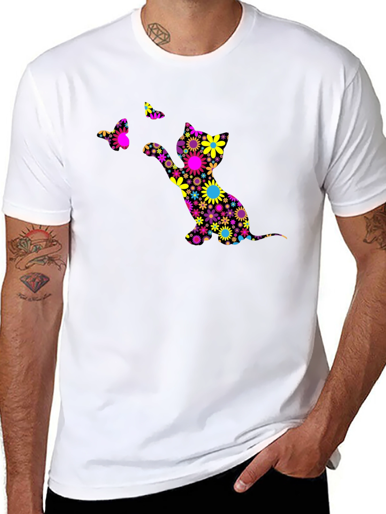 Floral Cat & Butterfly Black T-Shirt