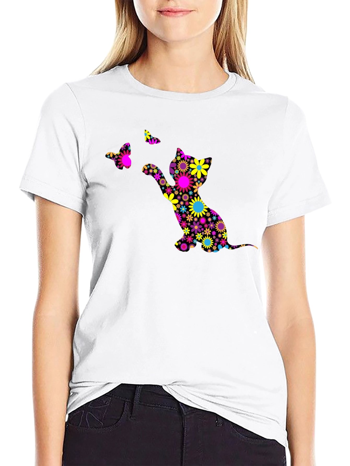 Floral Cat & Butterfly Black T-Shirt