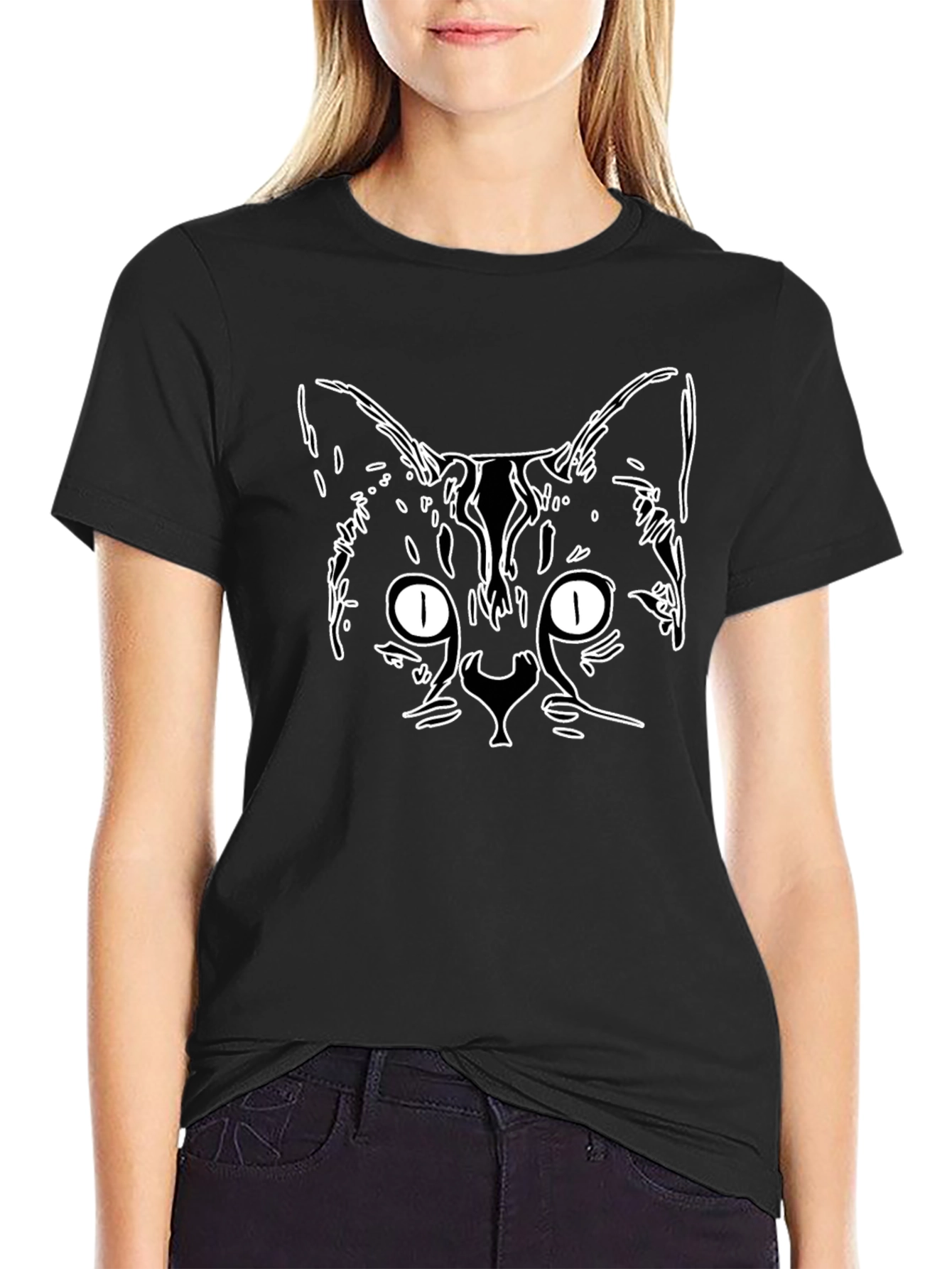 Cool Cat Outline Graphic Tee - Black
