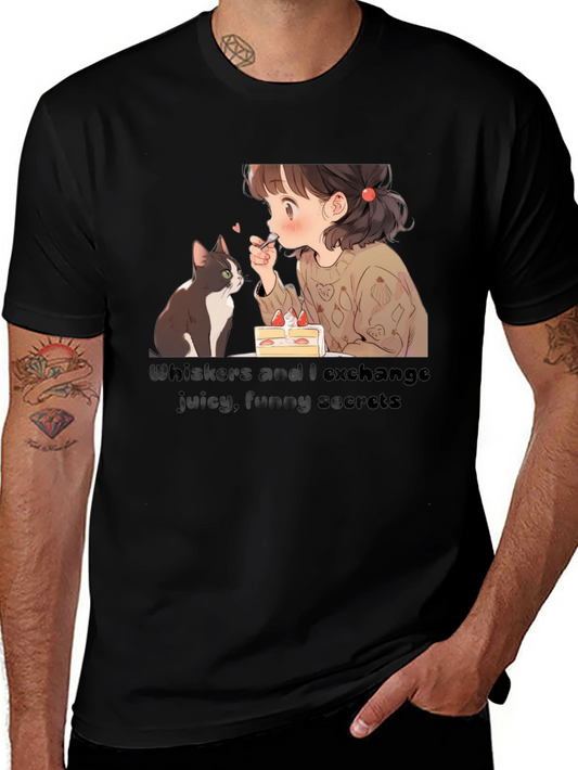 Anime Girl and Cat T-Shirt - Whiskers and I Exchange Secrets