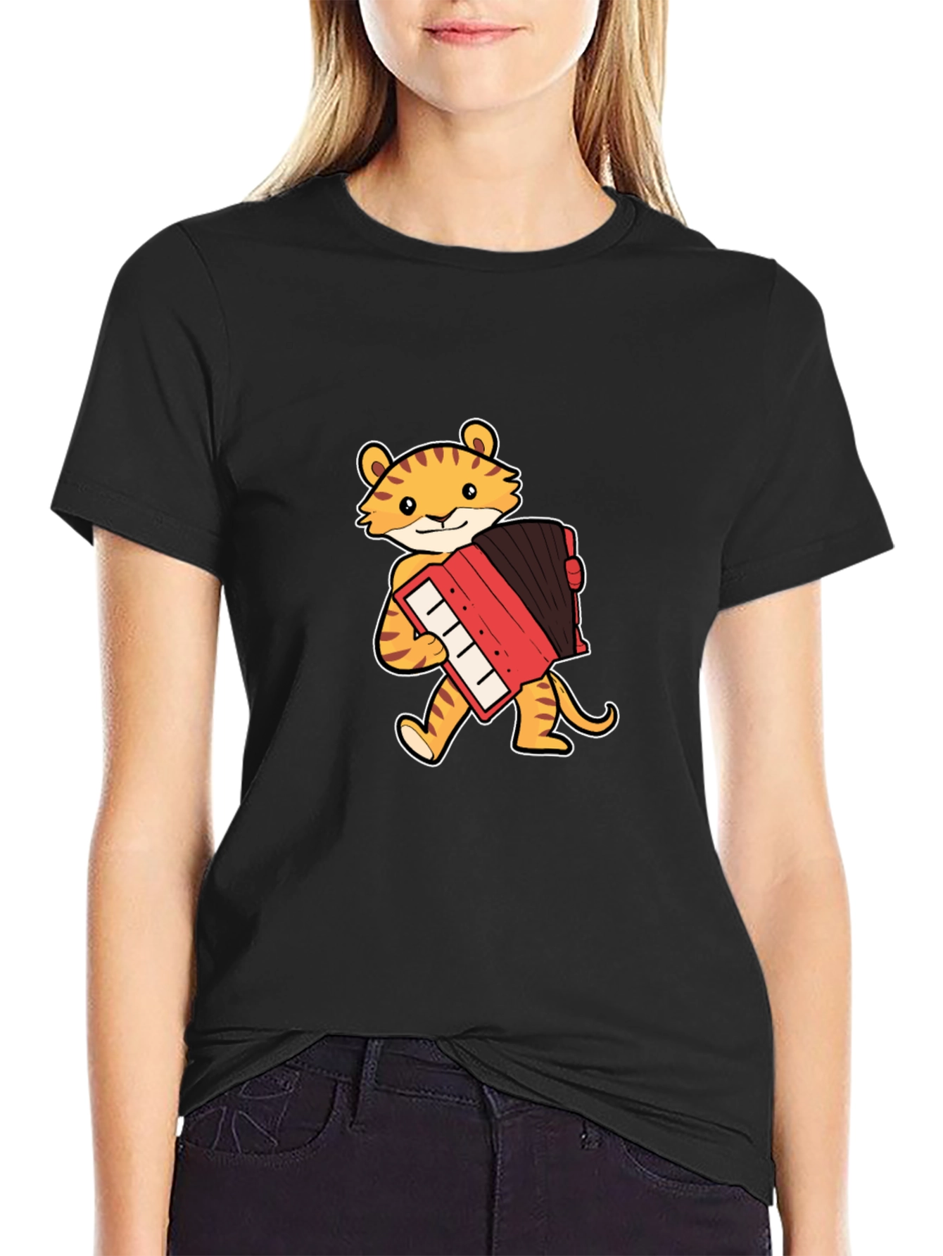 Tiger Accordion Player Black T-Shirt