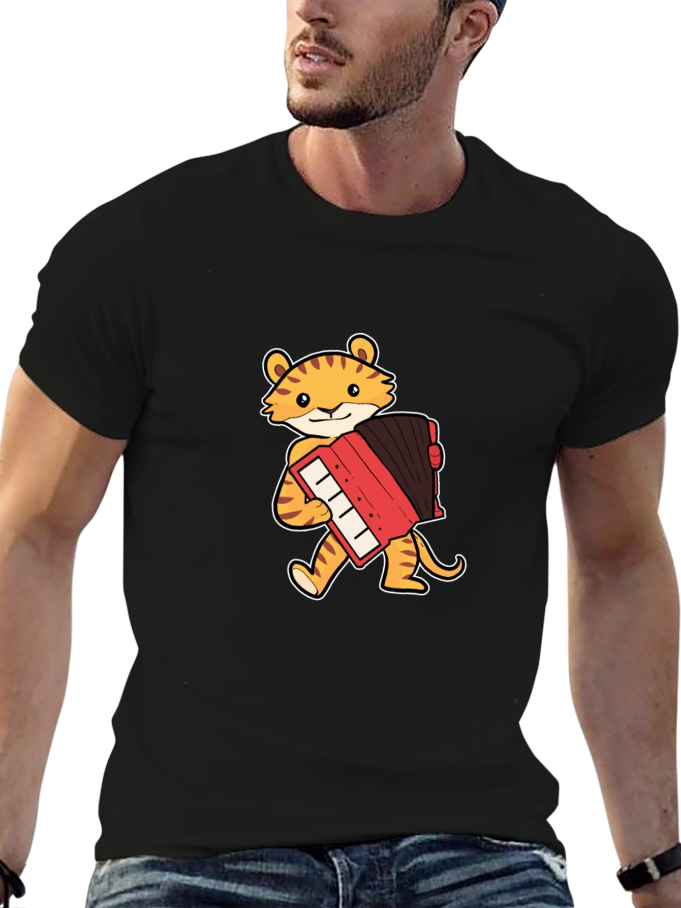 Tiger Accordion Player Black T-Shirt