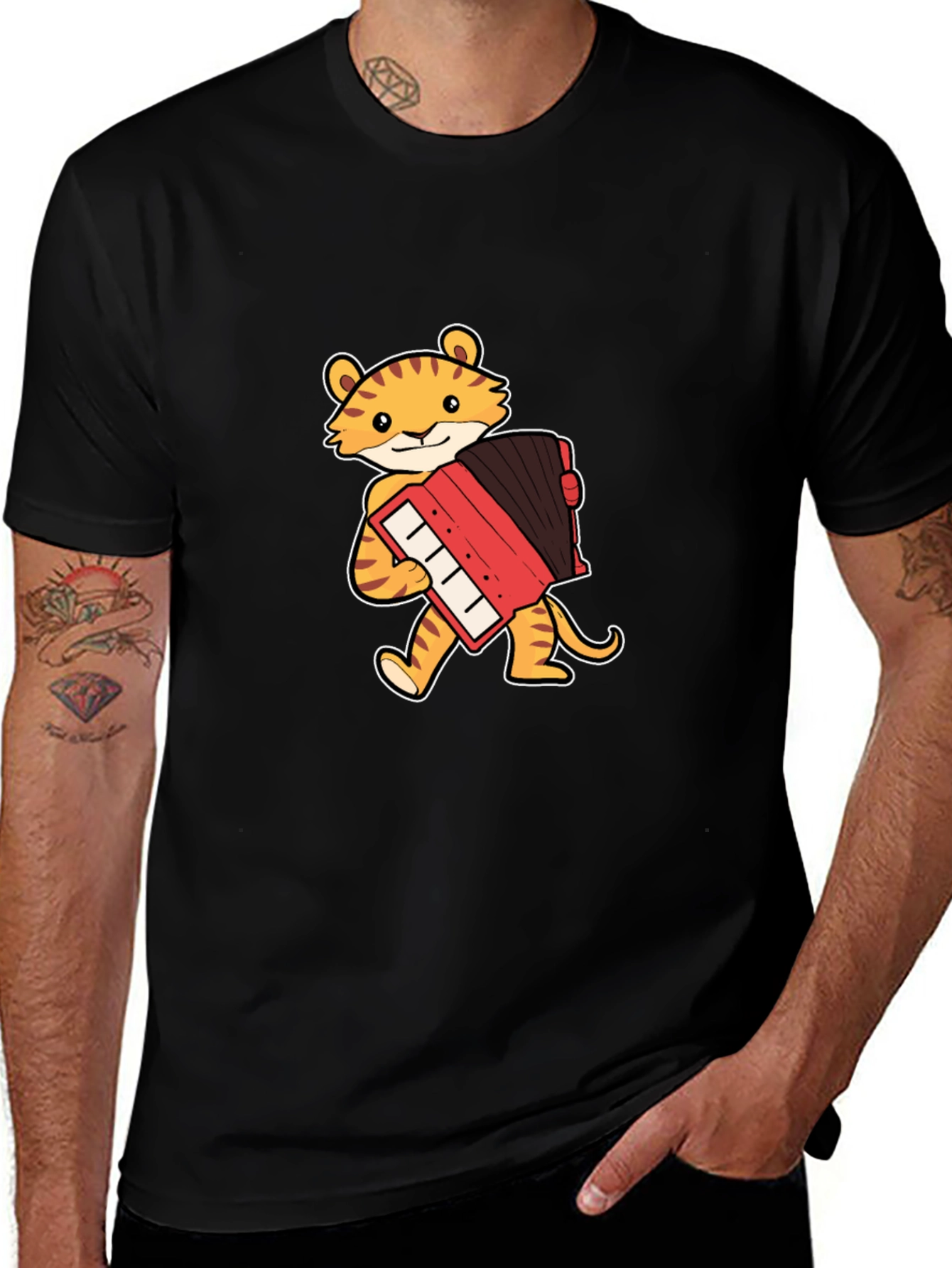 Tiger Accordion Player Black T-Shirt