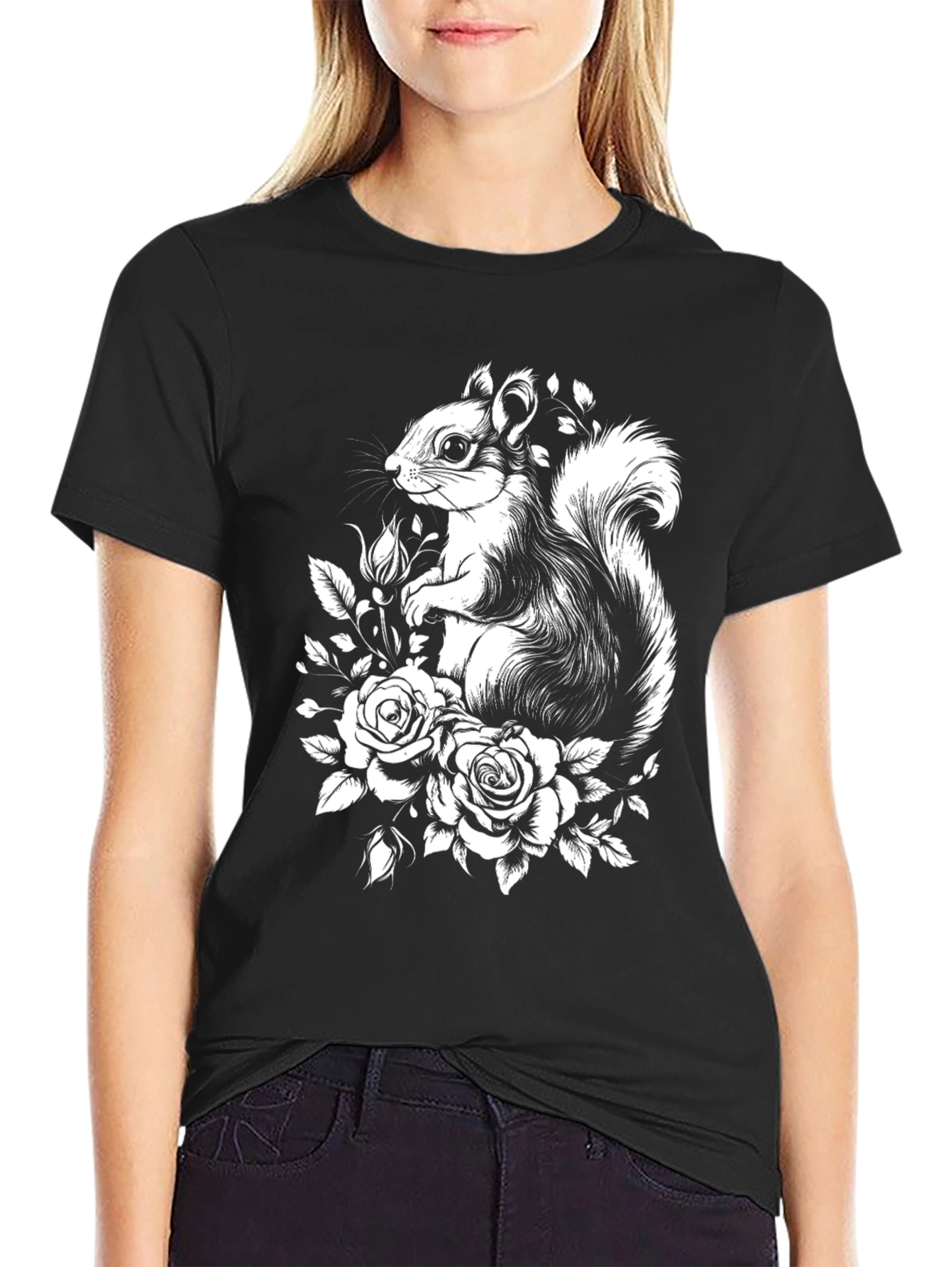 Squirrel and Roses Graphic Tee - Black T-Shirt