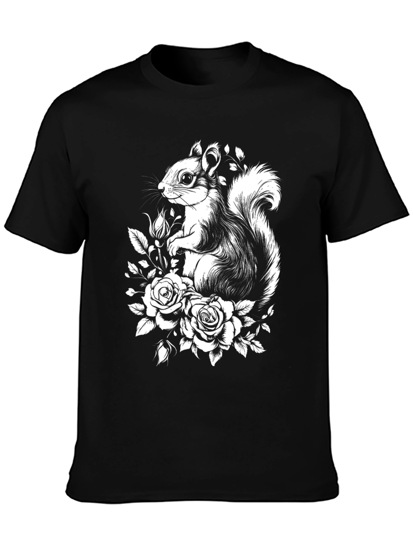 Squirrel and Roses Graphic Tee - Black T-Shirt