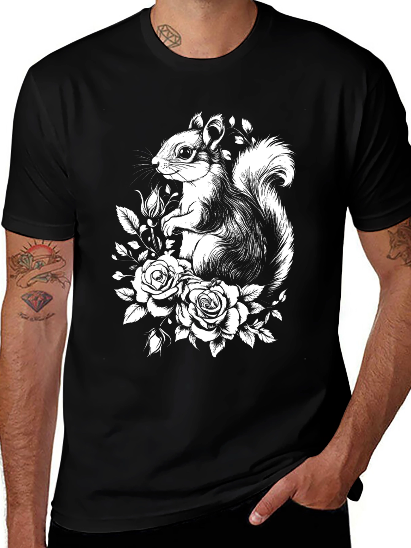 Squirrel and Roses Graphic Tee - Black T-Shirt