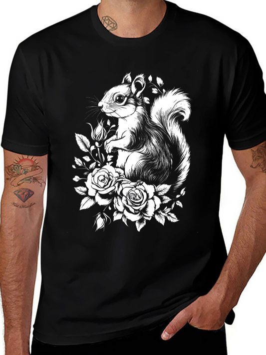 Squirrel and Roses Graphic Tee - Black T-Shirt