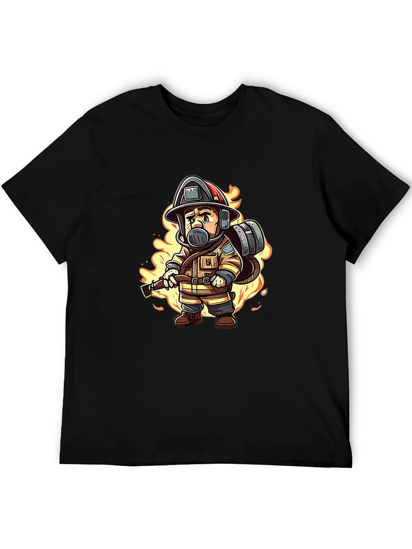 Cartoon Firefighter Black T-Shirt
