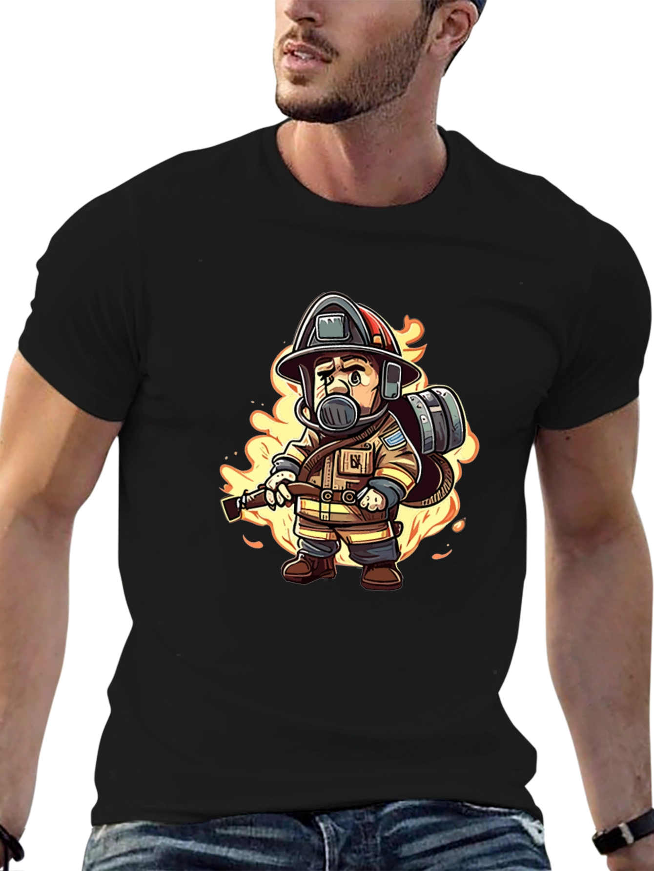 Cartoon Firefighter Black T-Shirt