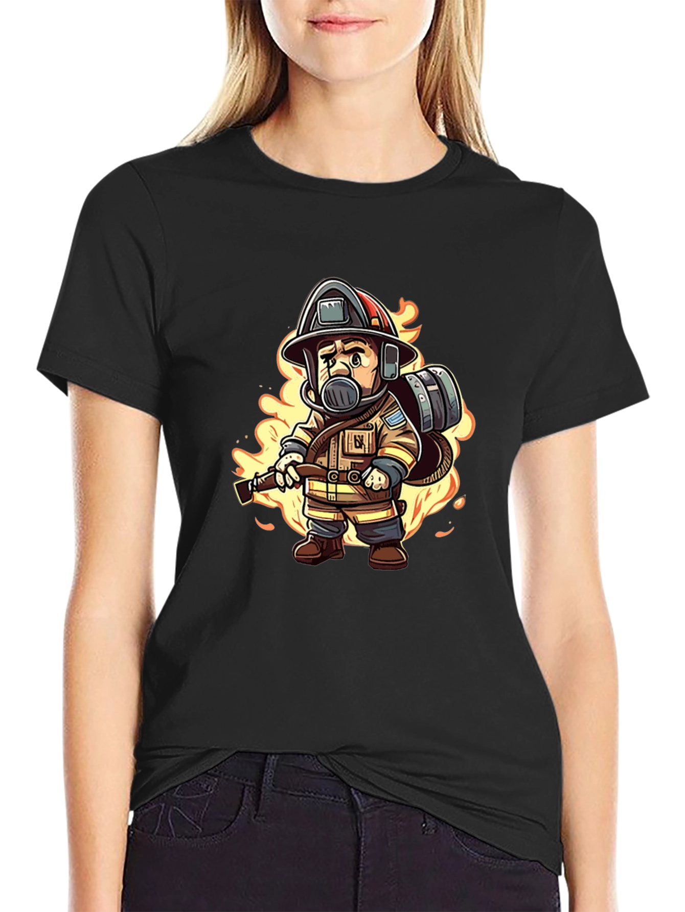 Cartoon Firefighter Black T-Shirt