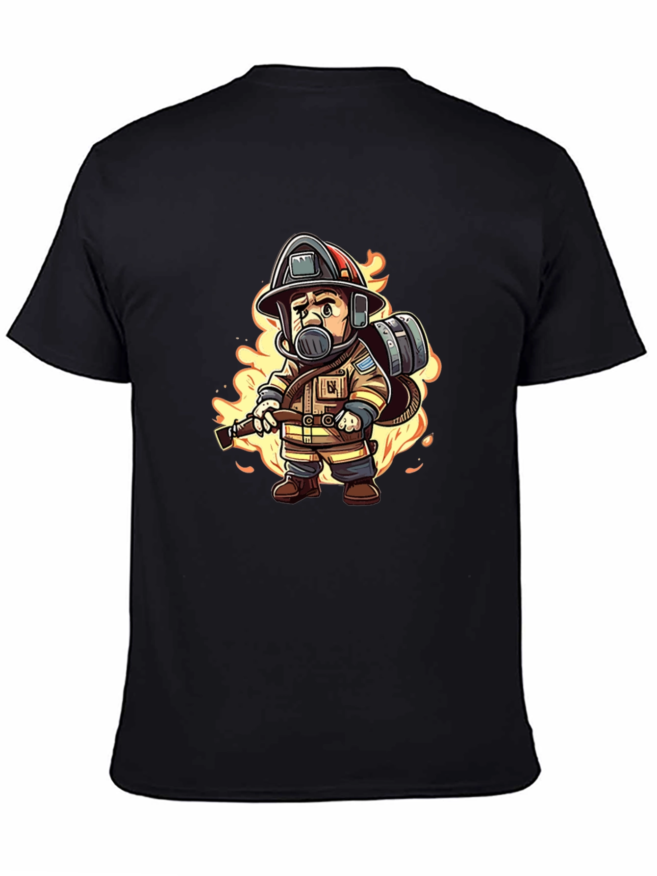 Cartoon Firefighter Black T-Shirt