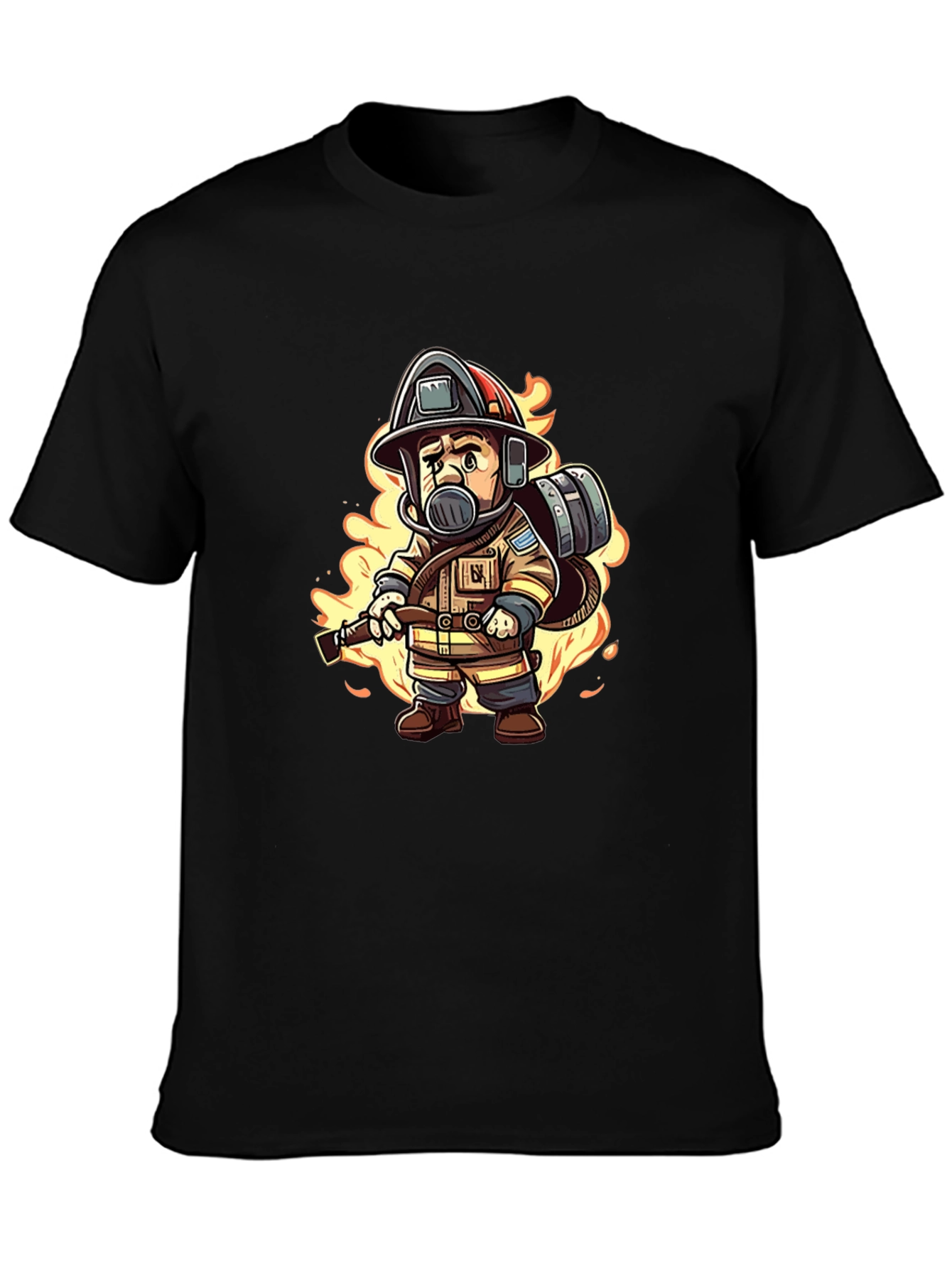 Cartoon Firefighter Black T-Shirt