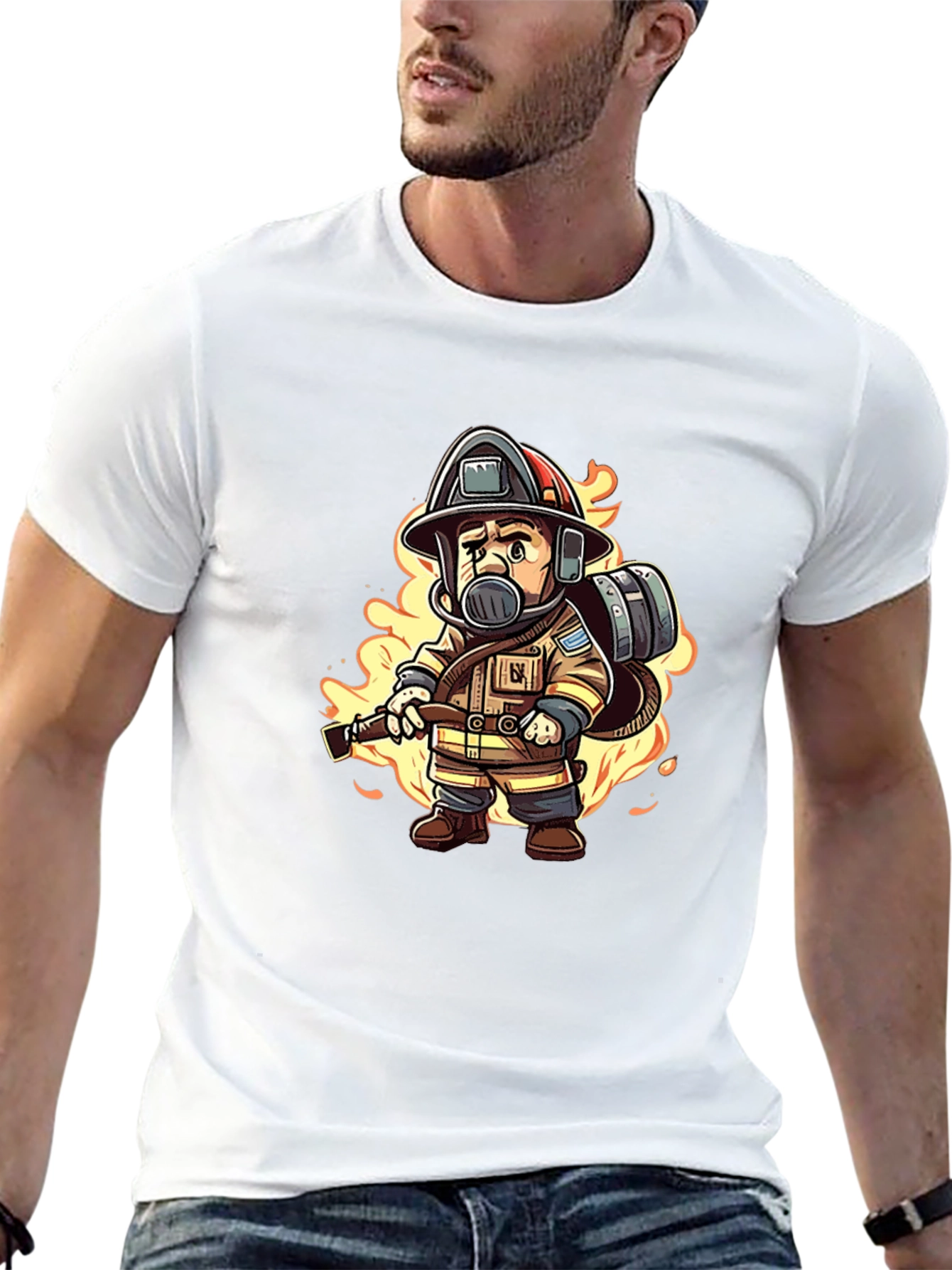 Cartoon Firefighter Black T-Shirt