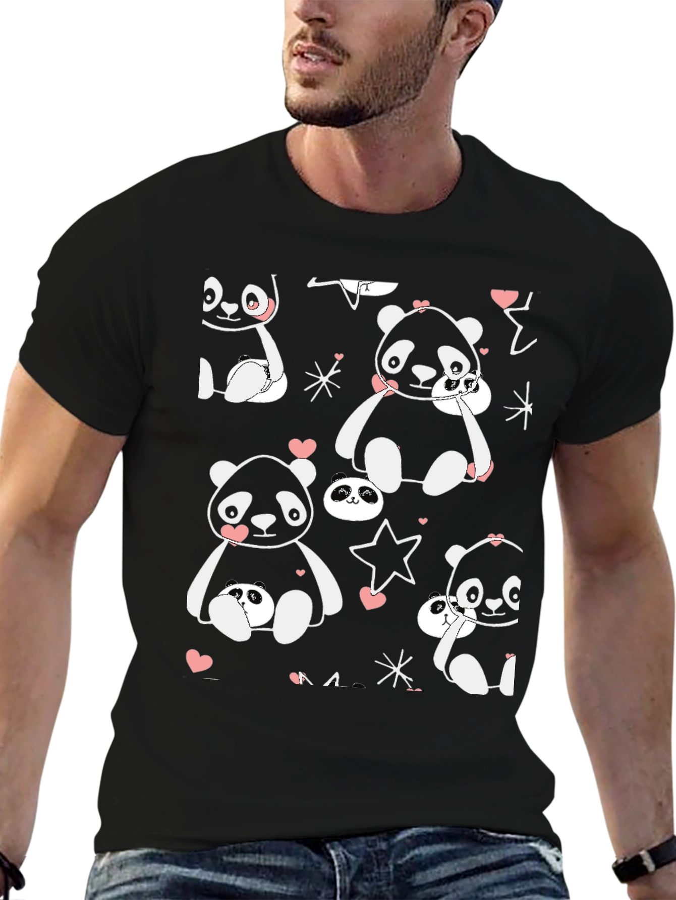Cute Panda Print Black T-Shirt