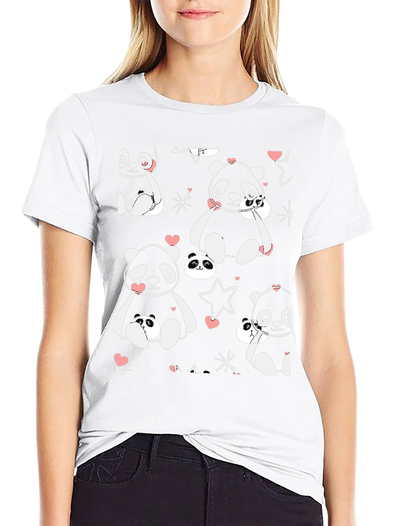Cute Panda Print Black T-Shirt