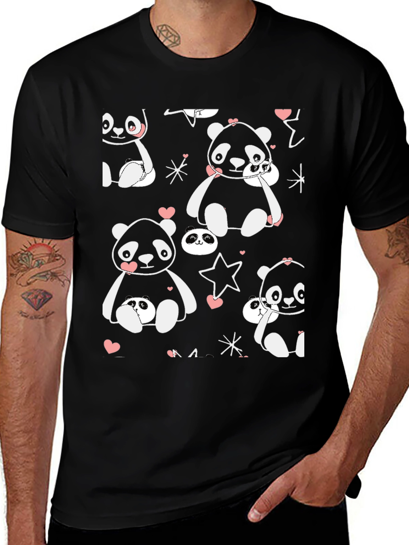Cute Panda Print Black T-Shirt