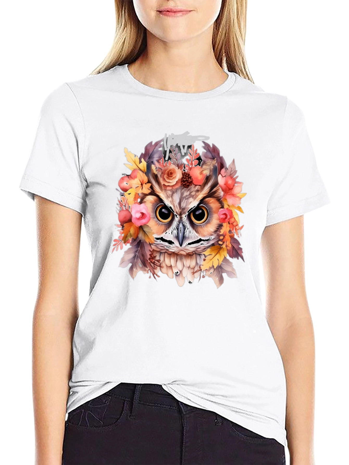 Floral Owl Graphic Print Black T-Shirt