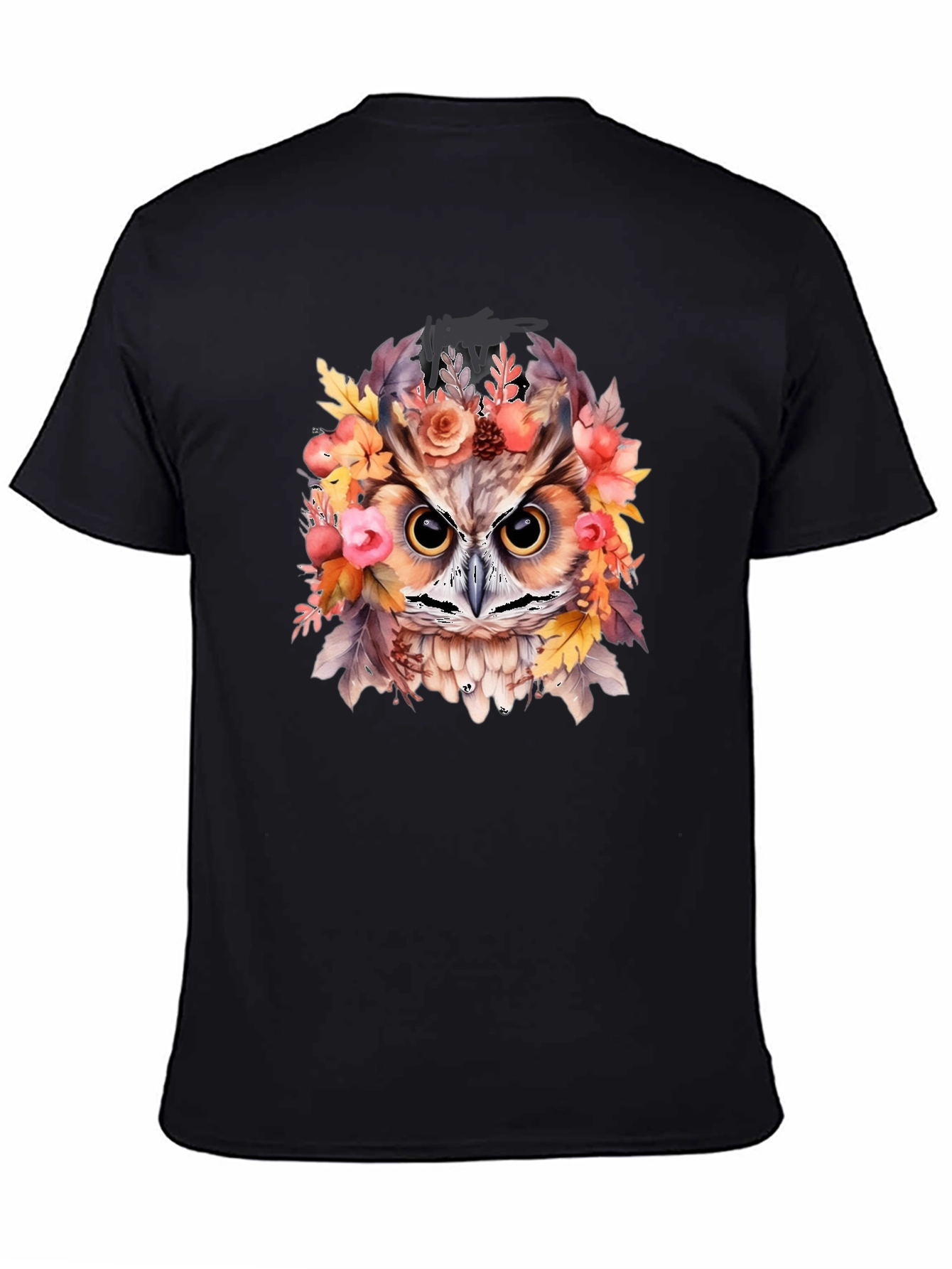 Floral Owl Graphic Print Black T-Shirt