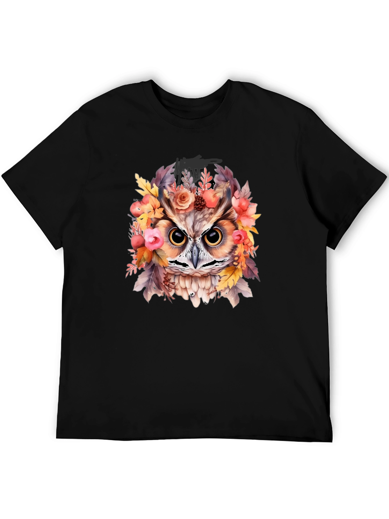 Floral Owl Graphic Print Black T-Shirt