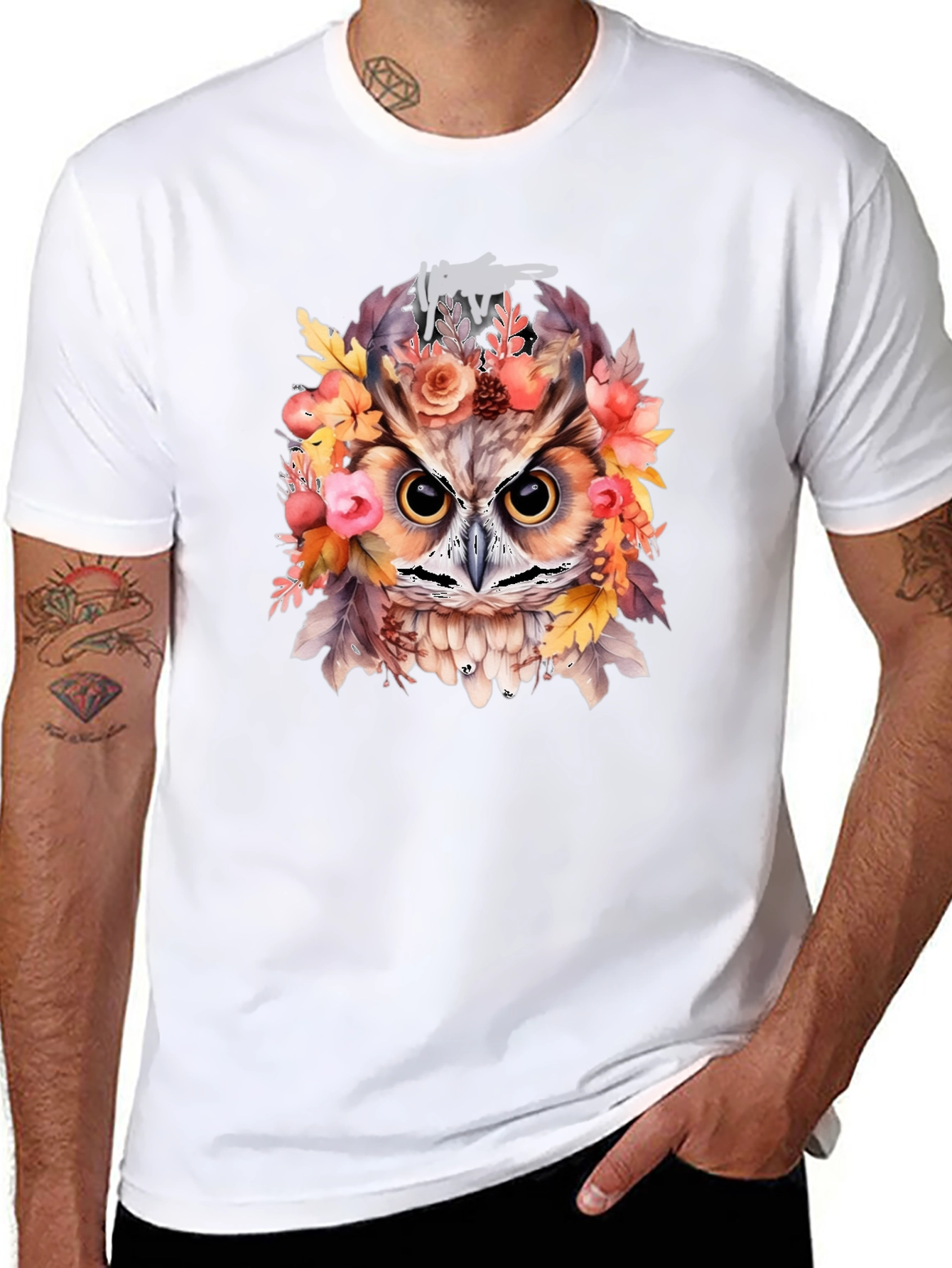 Floral Owl Graphic Print Black T-Shirt